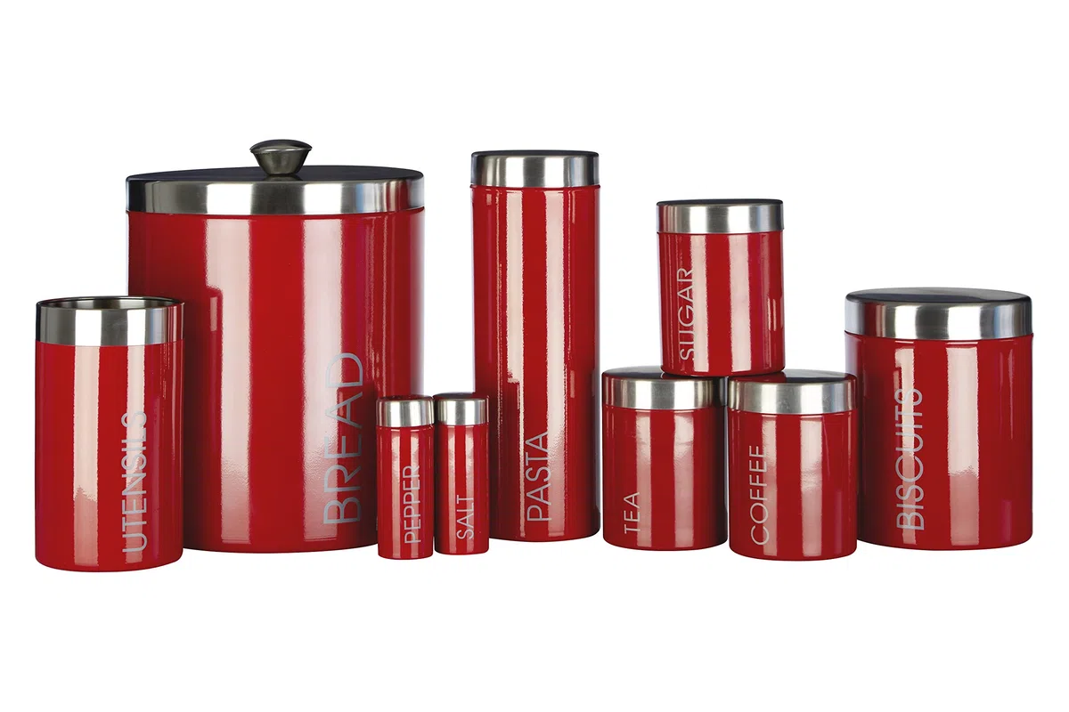 PREMIER Housewares 0508531 Barattolo Pasta, Coperchio in in Acciaio Inox Satinato, Rosso