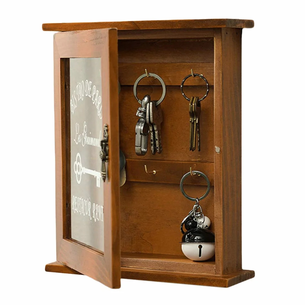Portachiavi in Legno con Montaggio a Parete - Scatola a Muro Bella e Durevole con Porta in Vetro Retrò - 6 Ganci