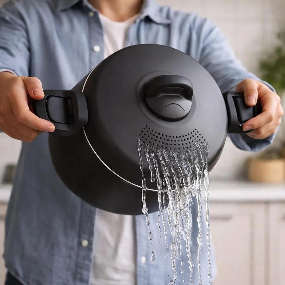 BAKAJI Pentola Scolì da 22 cm con Scolapasta Integrato, Coperchio Autobloccante, Manici Mobili ed Ergonomici, Antiaderente in Alluminio, Colore Grigio, Ideale per Pasta e Spaghetti