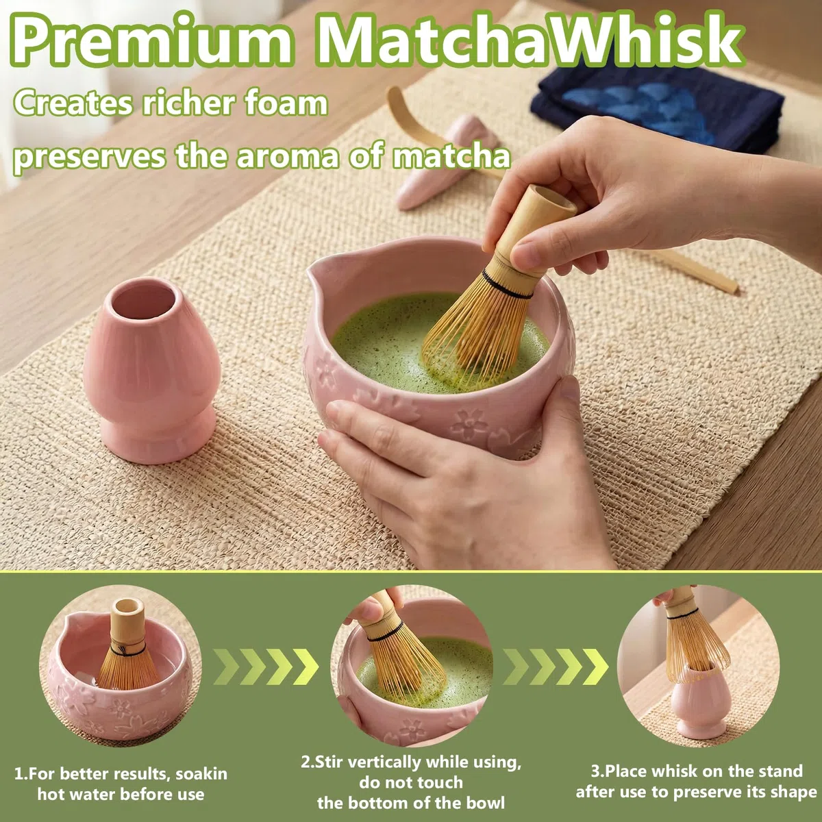 8 pezzi Matcha Kit, Matcha Set tradizionale in ceramica con Frusta Matcha, Ciotola, Cucchiaio, Filtro, Supporto, Kit Matcha completo, Elegante Set per Amanti del Matcha, Rosa