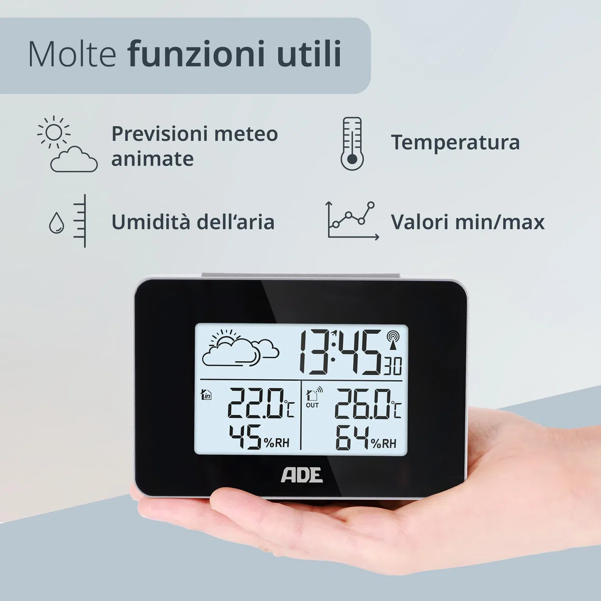 ADE Stazione meteo Digitale con Sensore Esterno | Termometro Digitale Ambiente Interno Esterno | Igrometro Umidità | Sveglia | Display a LED illuminato | nero