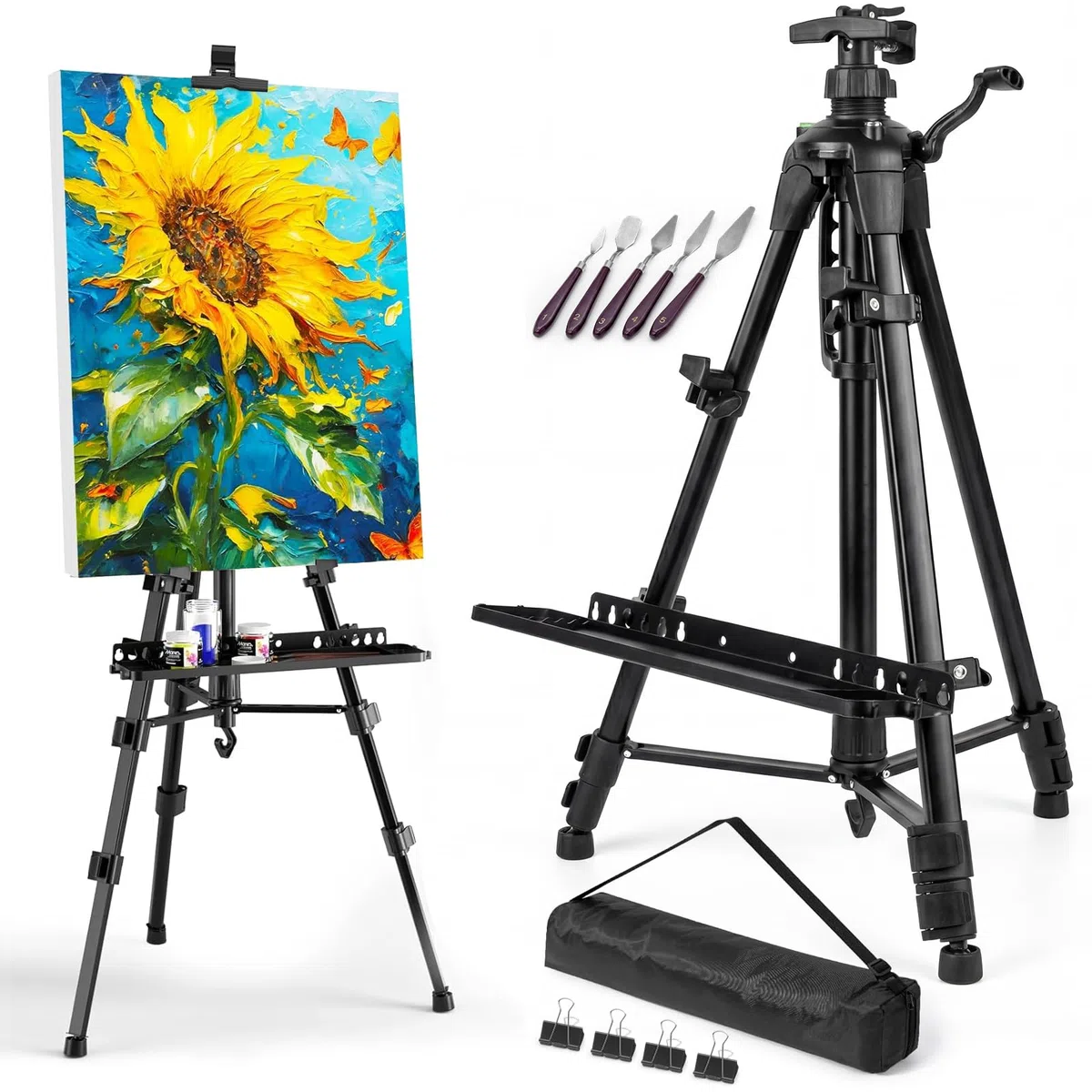 Cavalletto Pittura 50–157 cm con Manovella, Cavalletto da Studio e da Campo in Ferro, Treppiede Pieghevole Portatile con Borsa + Set 5 Spatole/Malmesser, per Acrilico Olio Acquerello
