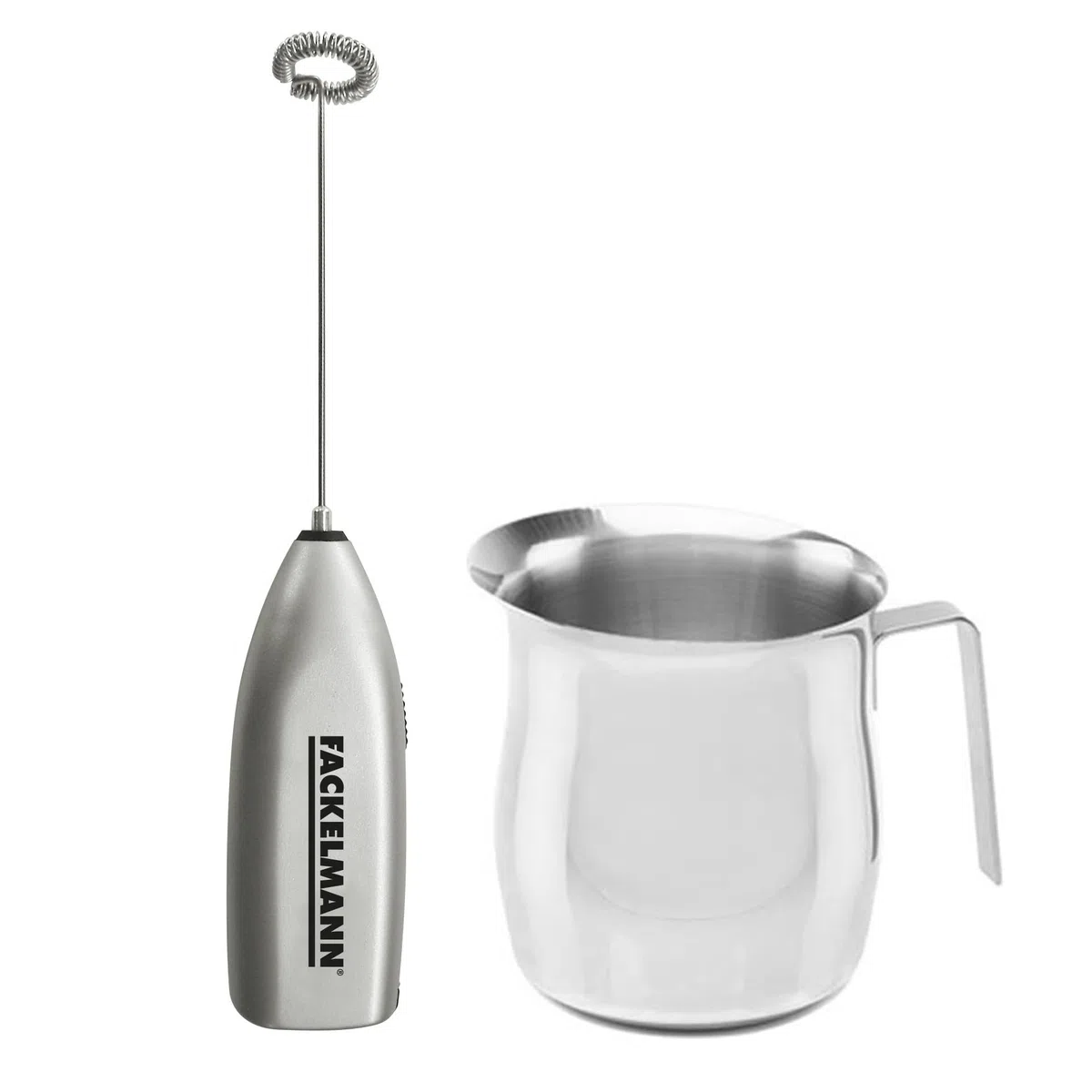 Fackelmann Set Montalatte Portatile e Bollilatte in Acciaio Inox 215ml, Frullino Montacappuccino a Batteria con Frusta Inox per Bevande e Latte Caldo, Versalatte Lavabile in Lavastoviglie