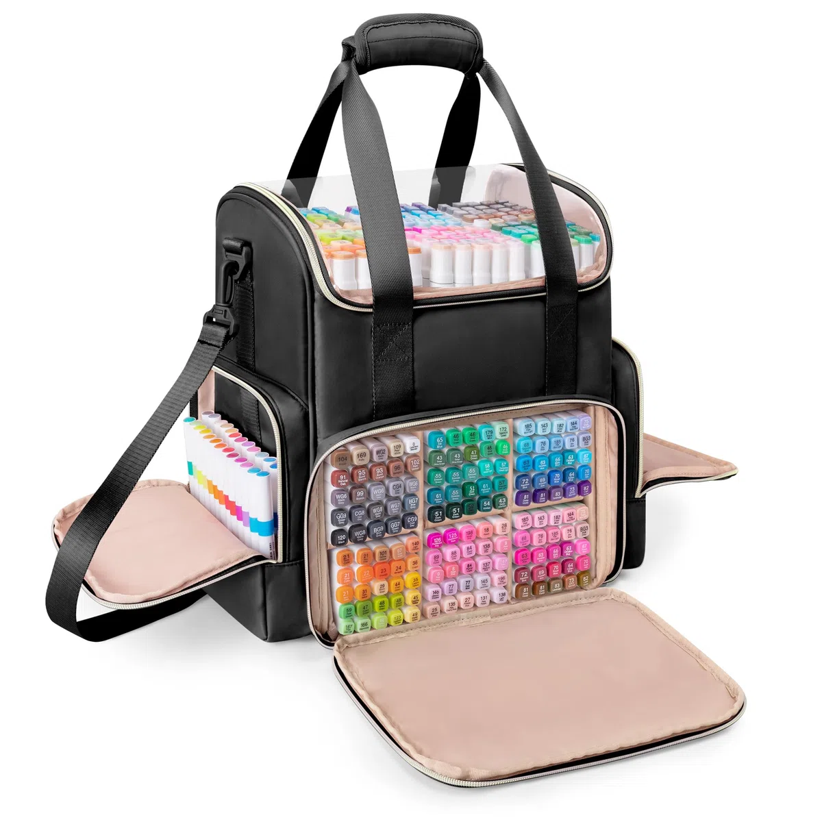 Rexmica Doppio Strato Borsa porta Pennarelli per 400 penne, Grande Custodia per Pennarelli con Divisori e Tasche Multiple per Penne Artistiche, Libri da Colorare o Altri Materiali per la Pittura, Nero