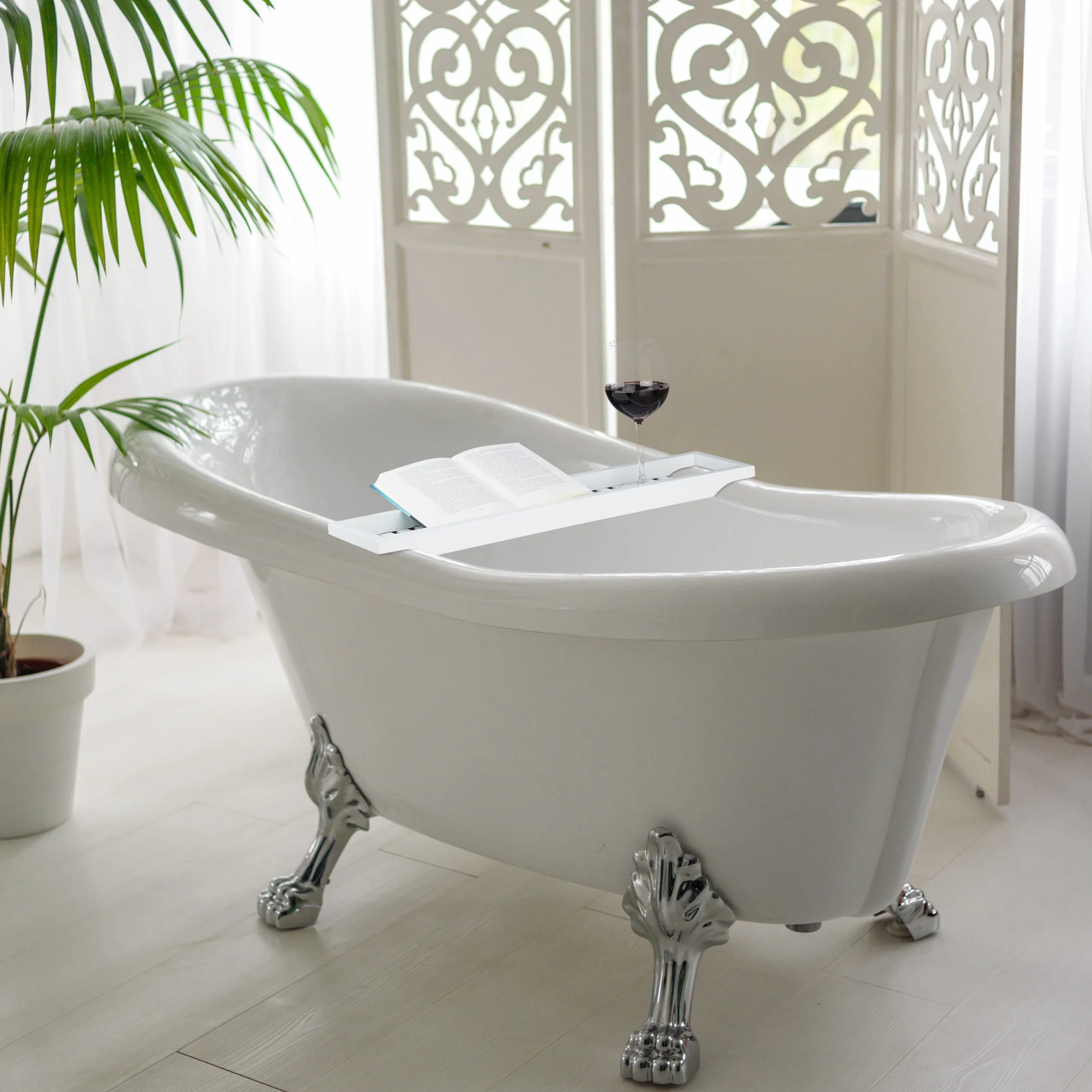Relaxdays 10020927 Vassoio per Vasca da Bagno Bambù, Mensola Porta-Oggetti, HxLxP: 5.40 x 67.80 x 16.60 cm ca., Laccato in Bianco