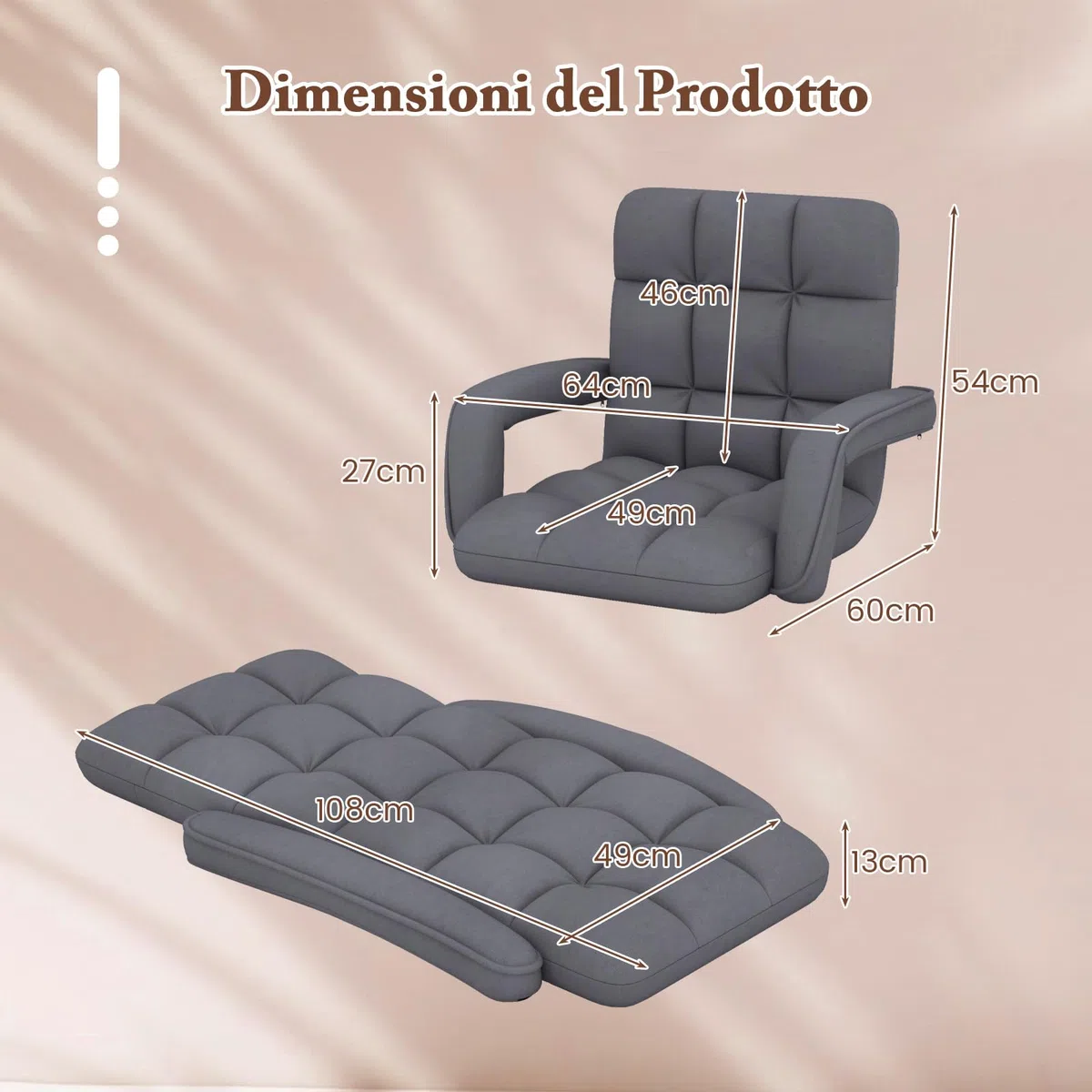 COSTWAY Sedia da Pavimento, Poltrona Divano con Schienale Regolabile 6 Livelli, Sedia Terra con Braccioli, Chaise Lounge per Soggiorno Camera da Letto, 60 x 64 x 54 cm