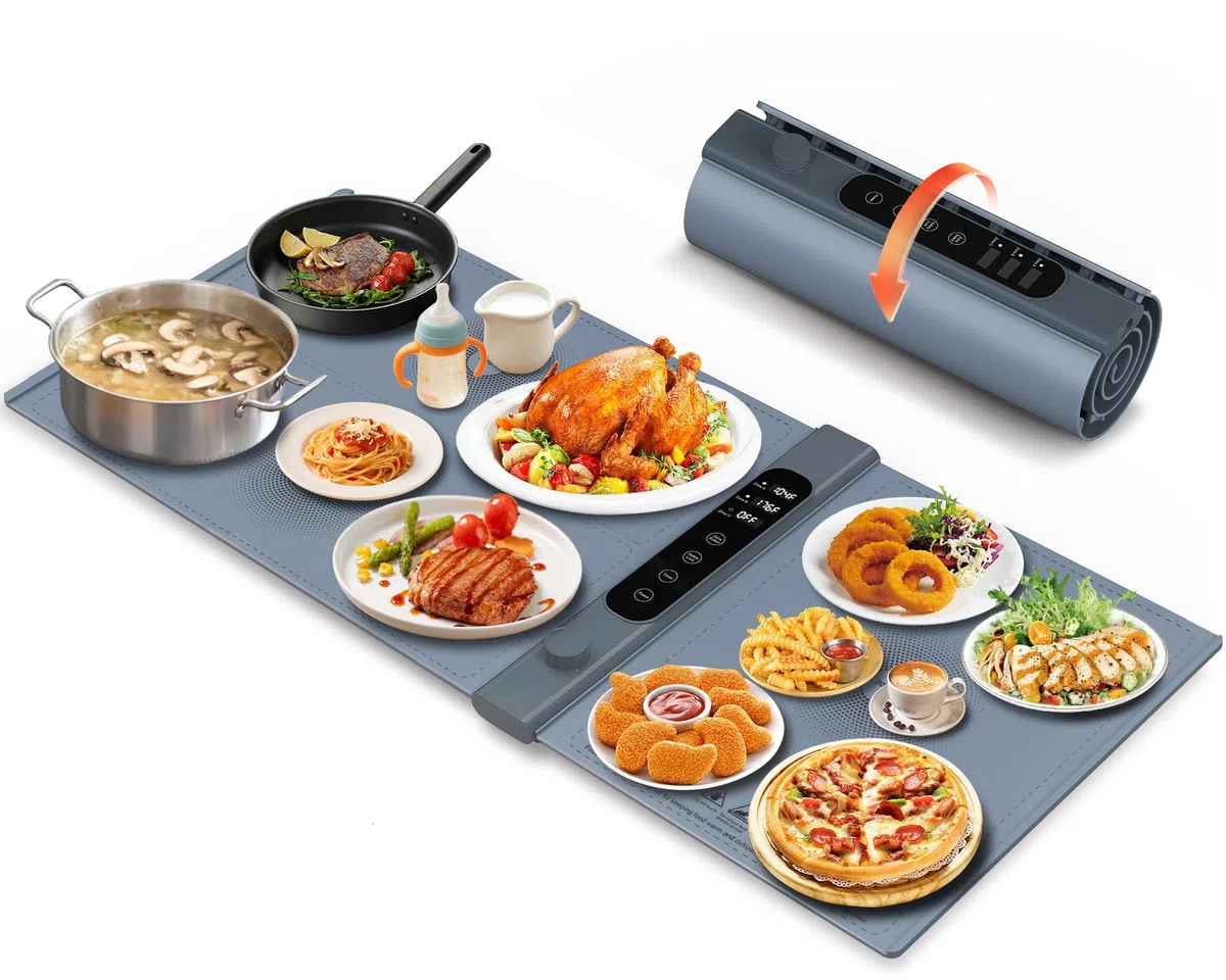 Vassoio Riscaldante Elettrico a 3 Zone Indipendenti 101×43 cm, Vassoio Riscaldante Pieghevole con 17 Livelli di Temperatura Precisi e Timer 1–6H, Tappetino Riscaldante in Silicone per Buffet e Feste