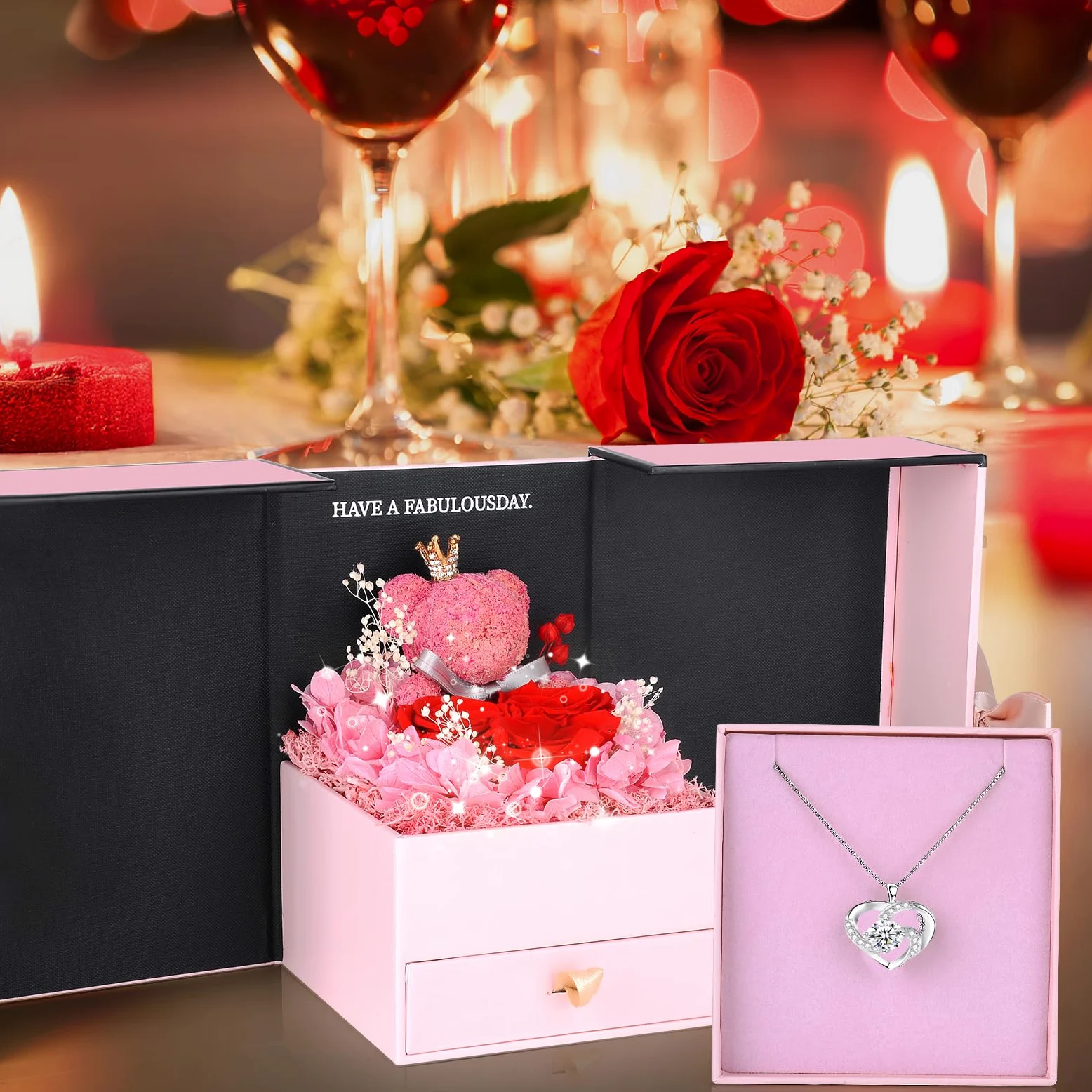 Rosa Eterna Idea Regalo per Lei,Rosa Stabilizzata con Collana e Orsetto Rosa Romantico Regalo San Valentino per lei,Festa della Mamma,Regalo di Compleanno per Fidanzata,Moglie,Donne