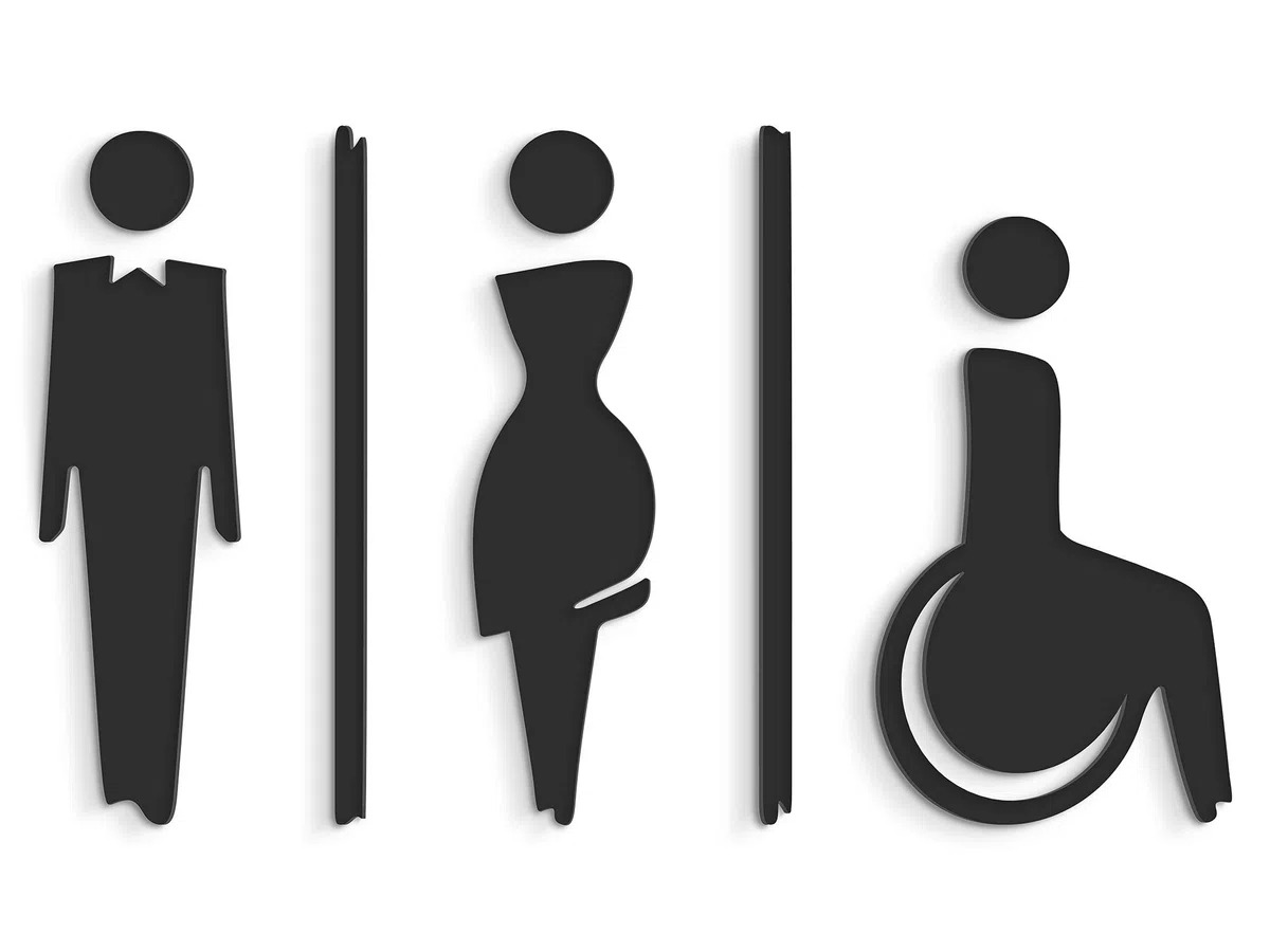 Signs - Targa bagno a rilievo (15 cm) - Set adesivo Toilette Serie Elegant SA112 - Targhette bagno Uomo Donna Disabile - Adesivi WC disabili (1 Uomo + 1 Donna + 1 Disabile, Nero)