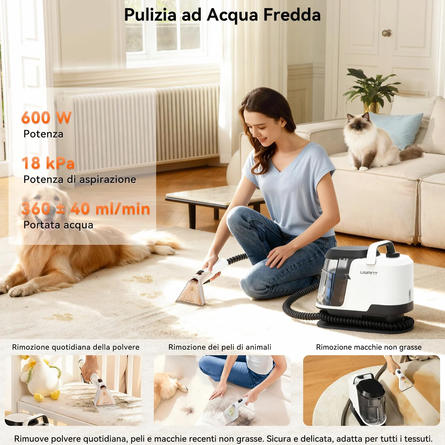 Uwant Lavatappeti Lava e Asciuga a Vapore Y100S 600W 18KPa, 3in1 Fredda/65℃ Calda/100℃ Vapore, Spazzole multiple Lava Divani/Tappeti/Auto/Cucina, 2.4L Serbatoio Auto-pulizia Portatile Lavatessuti