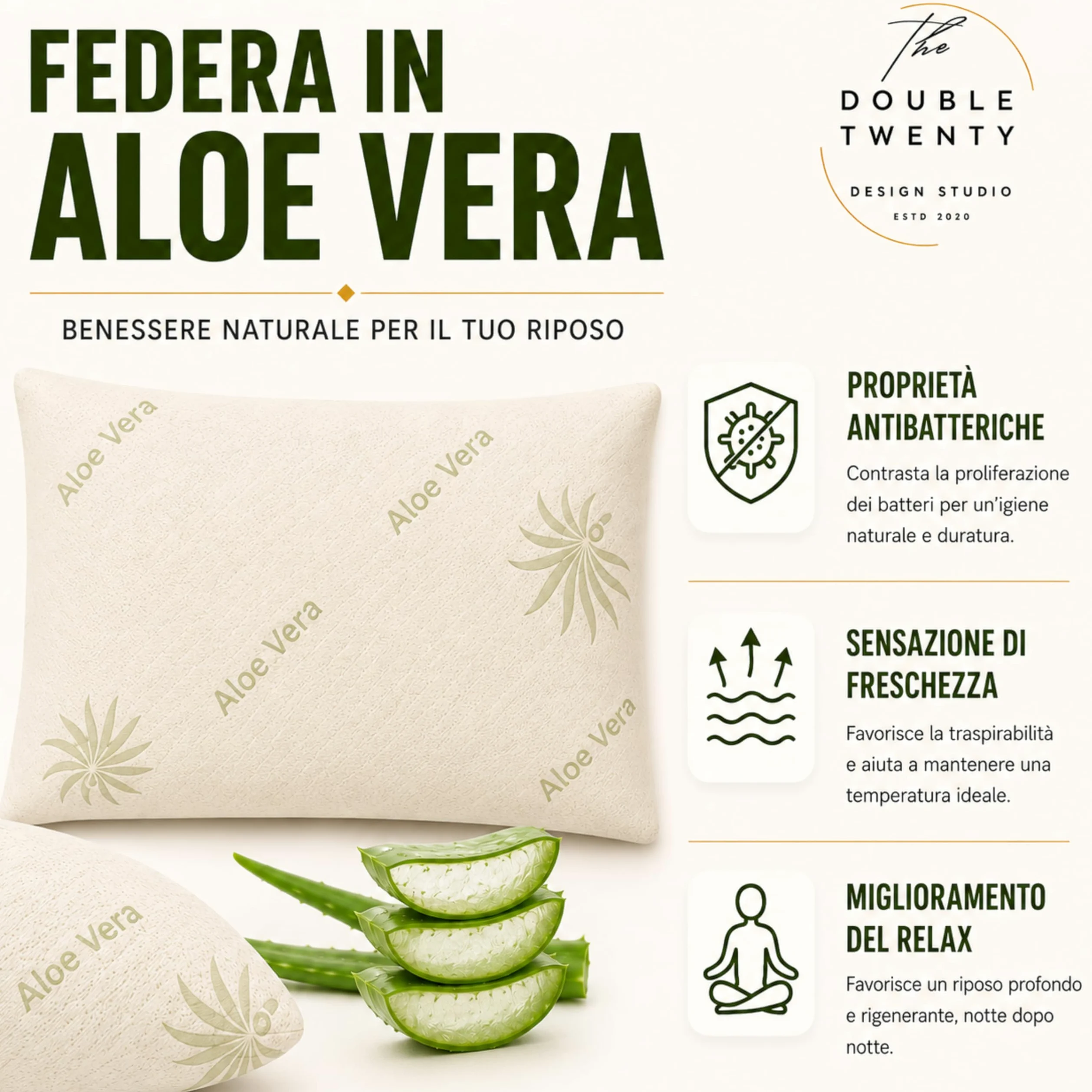 The Double Twenty | Cuscino Memory Foam BASSO 8 cm – Supporto Cervicale Ergonomico ad Alta Densità (Sostegno Deciso) – Modello Saponetta con Federa Aloe Vera – Ideale per Bambini e Posizione Supina