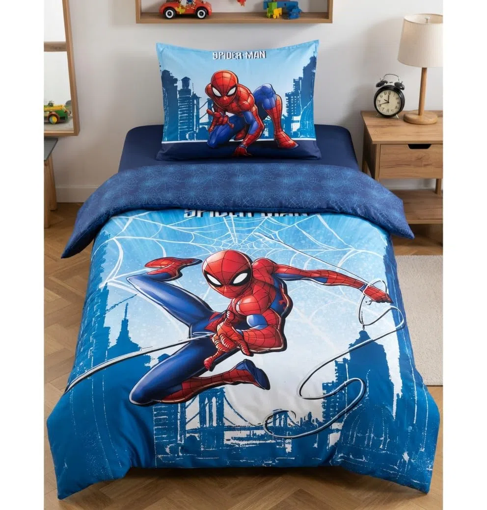 Spider-Man Completo Letto Bambino 140x200 cm - Sacco Copripiumino e Federa 70x90 cm - 100% Cotone Premium - Certificato Oeko-Tex - Design Marvel Uomo Ragno Blu e Rosso