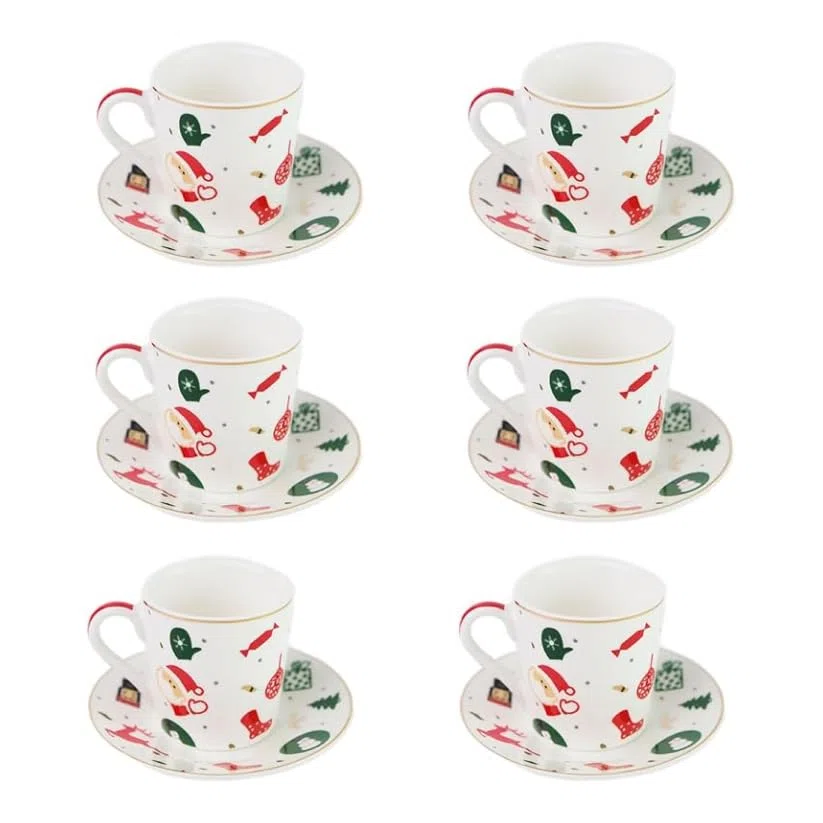 Tazzine Caffè, Set 6 Pezzi Fantasia del Natale in Porcellana con Piatto – Tazzine Caffè Particolari con Decorazioni Natalizie e Idea Regalo Natale per la Tavola delle Feste