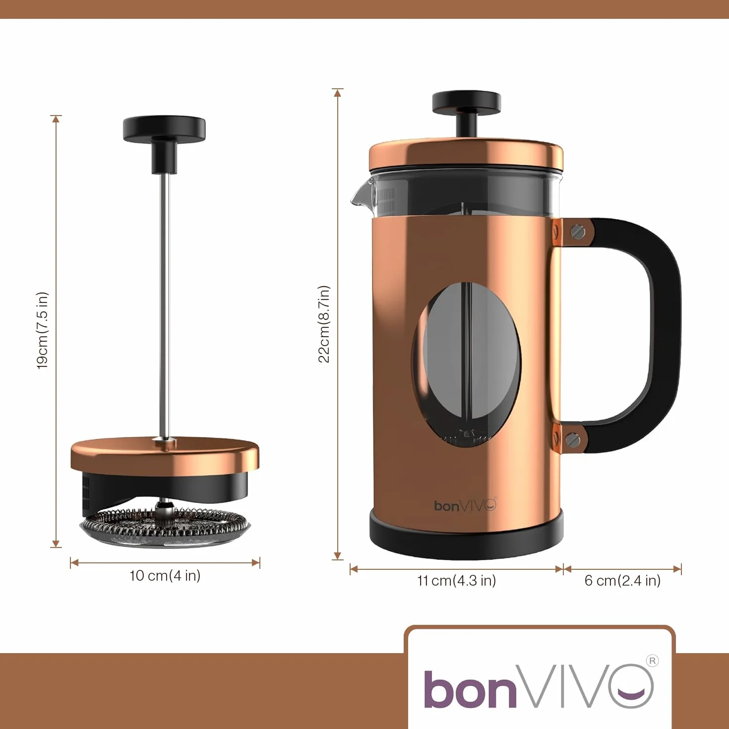 bonVIVO Caffettiera a Stantuffo French Press 8 Tazze (1000 ml) – Caffettiera in Vetro Borosilicato e Acciaio Inox per Caffè, Tè, Infusi e Cold Brew – Design Elegante Rame