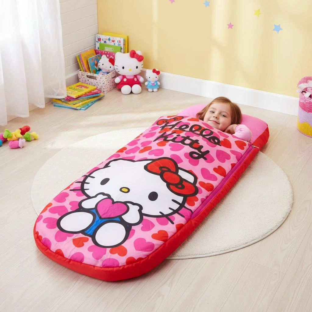 Character World Hello Kitty ReadyBed - Letto gonfiabile per bambini, sacco a pelo con pompa, materasso da viaggio per ragazze, per pigiama party, campeggio o uso domestico
