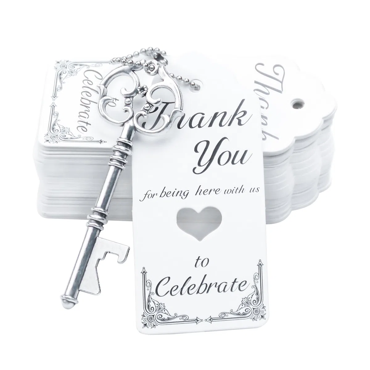 Aokbean 52pcs Vintage Scheletro Apribottiglie Chiave Bomboniera Ospite Souvenir Set Regalo con Scorta Grazie Tag Card E Portachiavi (Argento Antico)