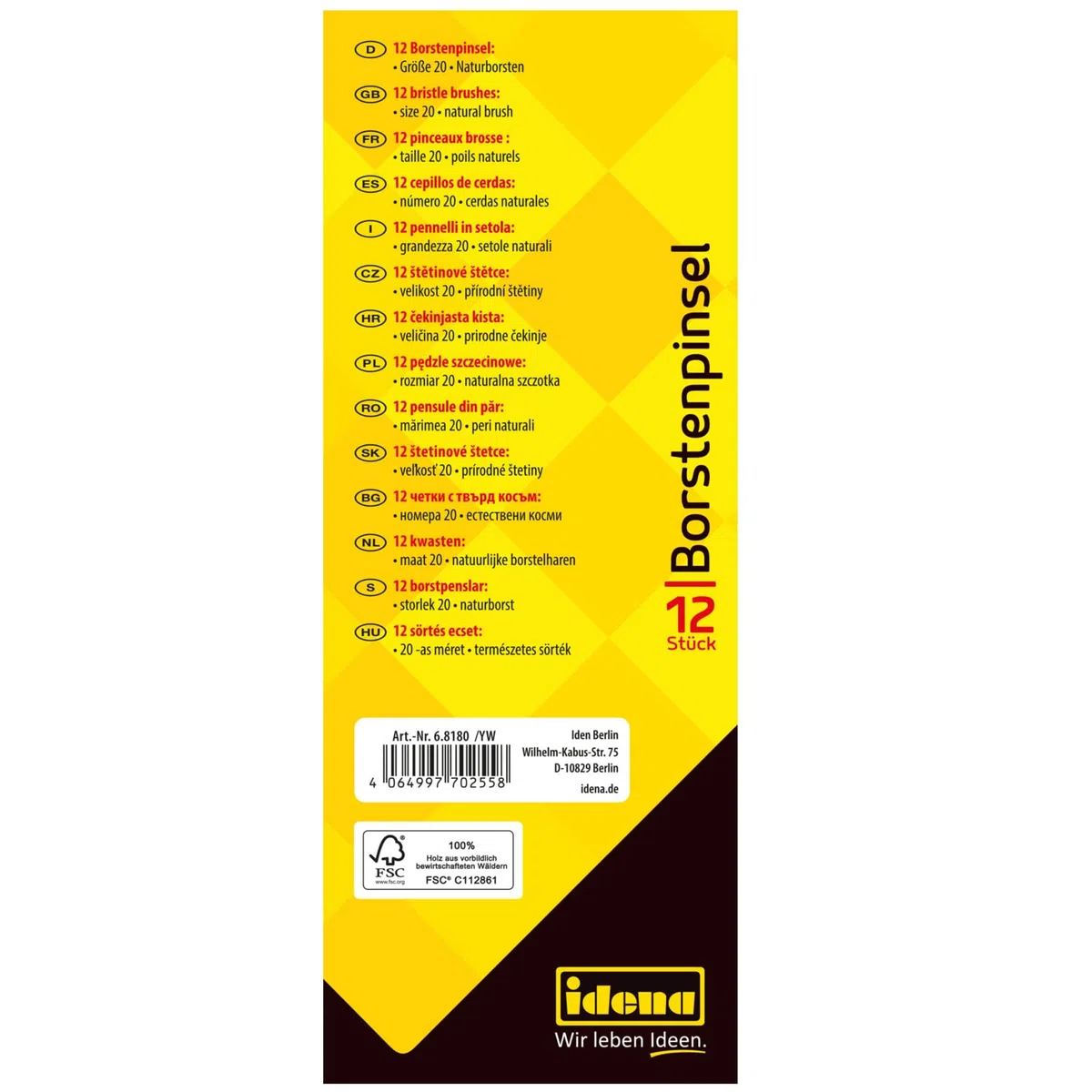 Idena 90102 - Pennelli in setola, misura 20, con manico in legno non verniciato, set di 12, pennelli per bambini e artisti per hobby
