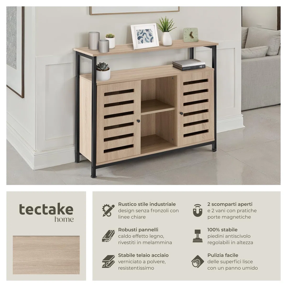 tectake® Credenza Cucina 100x37x82cm, Mobile Cucina, Dispensa Salvaspazio Armadio 2 ante, 2 Ripiani, Mensole Regolabili per Piatti e Pentole, Soggiorno, Sala da pranzo - Legno Industriale Chiaro