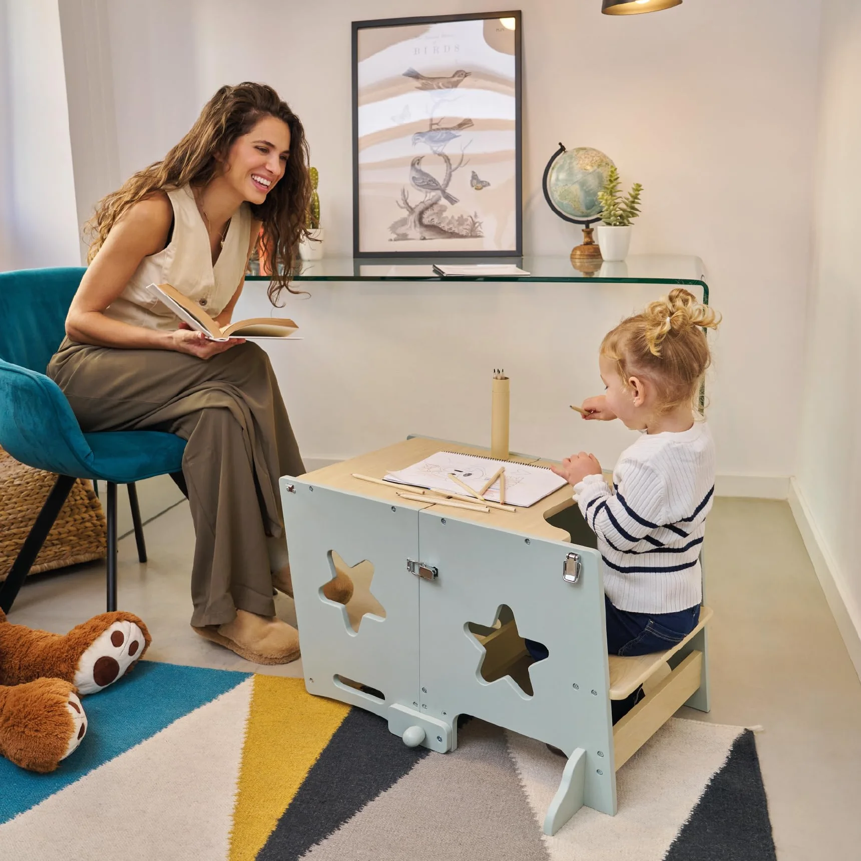 MS BabyWorld – Learn Up – Torre d'Apprendimento Montessori | Convertibile in Scrivania con Lavagna e Sgabello | Legno Massello | Barra di Sicurezza | Pieghevole