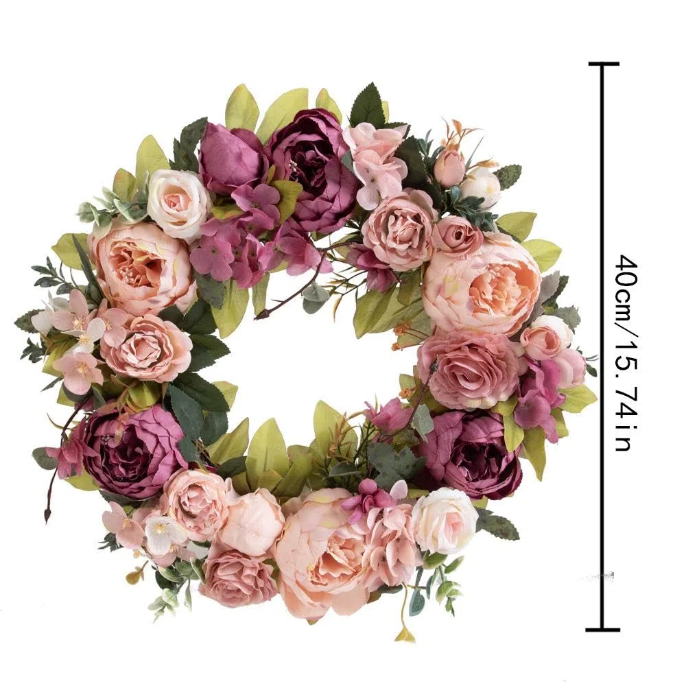 Milageto Ghirlanda primaverile per porta d'ingresso, fiori di artificiali, ghirlanda da 40 cm per matrimonio, finestra, soggiorno, Capodanno, Pasta di Fagioli Viola