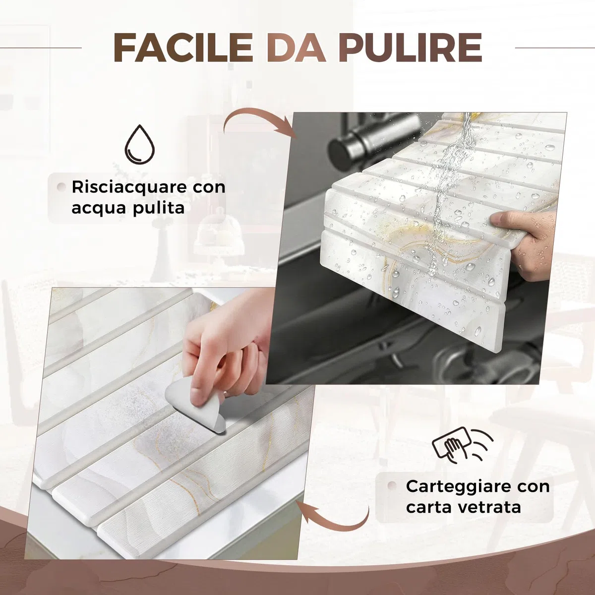 Tappetino Scolapiatti in Diatomite 40 x 30 cm, Tappetino Scolapiatti Assorbente Cucina, Assorbente e Asciugatura Rapida (Bianco Oro, con Porta Saponetta)