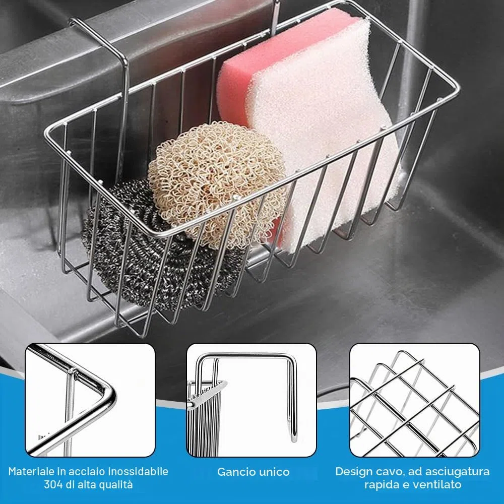 ADERTOS Porta Spugne da Cucina In Acciaio Inox 304, Portaspugne per Lavello Cucina da Appendere, Organizer per Lavello Cucina per Spugne, Spazzole, 7,67 * 3,54 * 4,53 Pollici