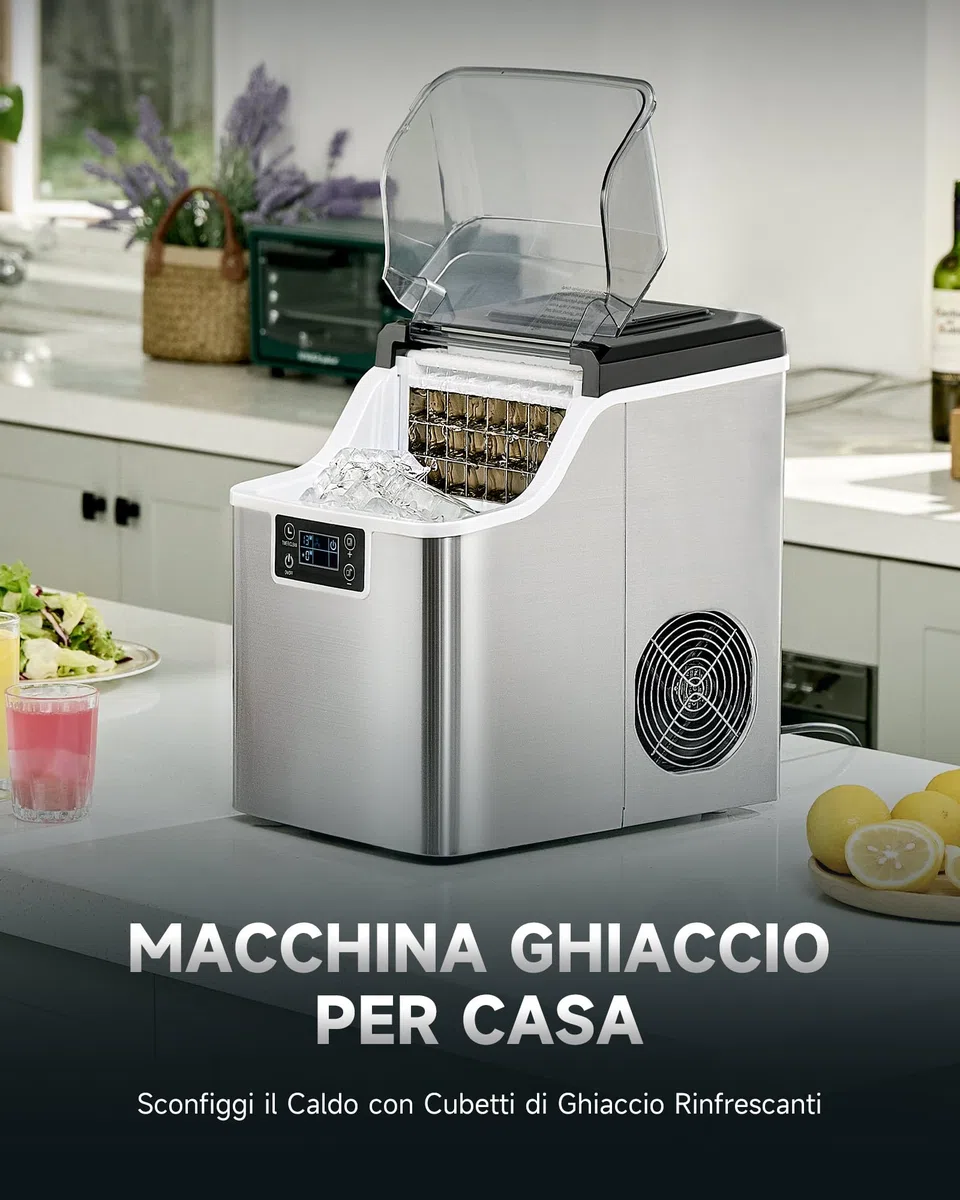 CREWORKS Macchina Ghiaccio 22kg/24 Ore Fabbricatore Ghiaccio 24 Cubetti in 11-20 Minuti Serbatoio 3.2L Macchina per Ghiaccio Autopulente con LCD Pannello per Casa Ufficio Bar Ristorante