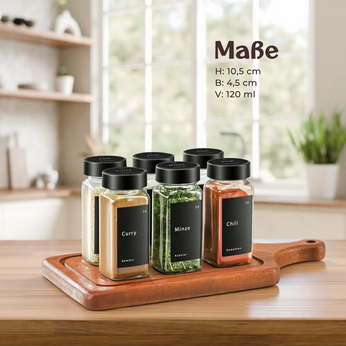 Set di 24 barattoli per spezie – Contenitore per spezie in vetro da 120 ml con coperchi in bambù, inserti per spargere, etichette, imbuto e spazzola, dispenser per spezie con accessori