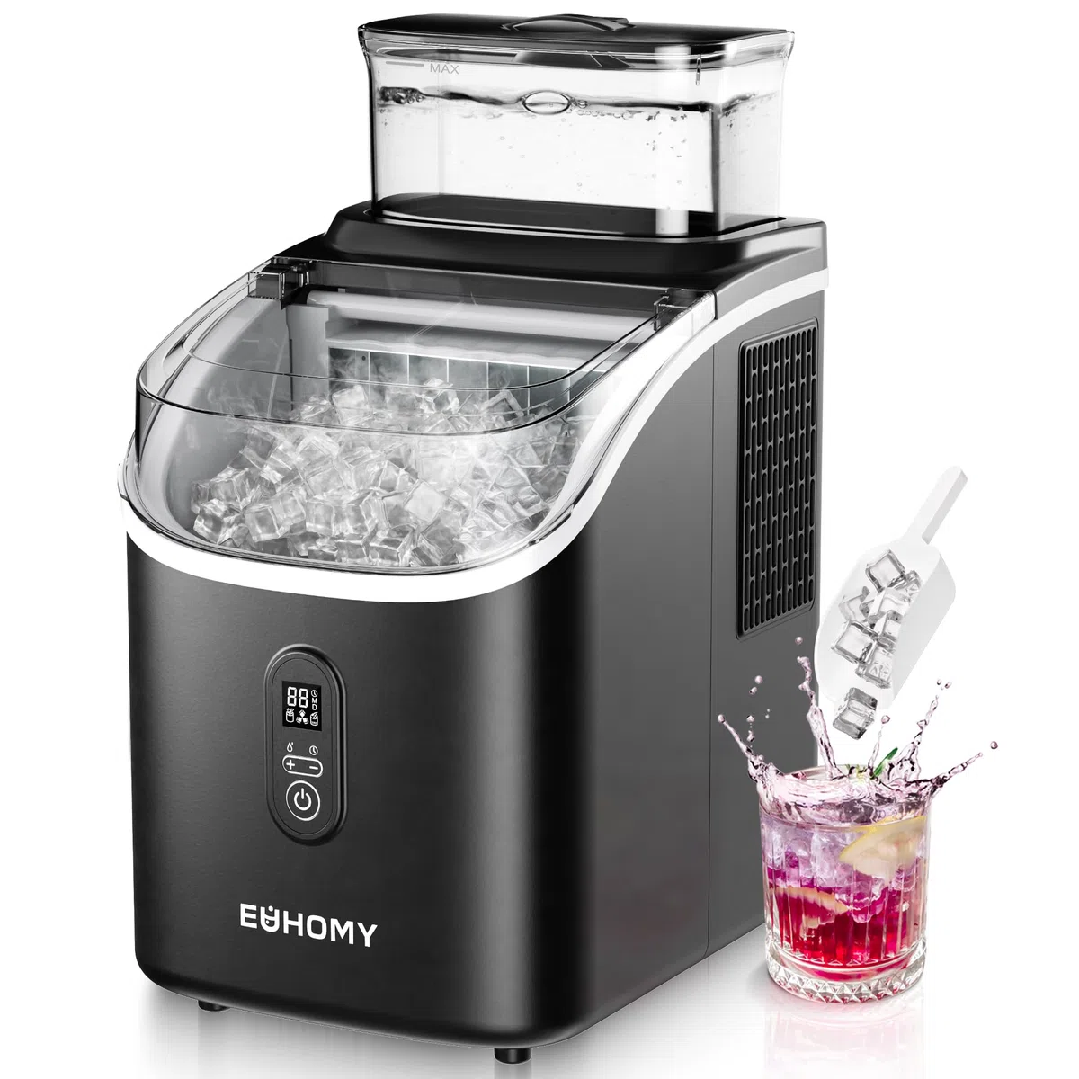 EUHOMY Macchina del Ghiaccio Casa: 15 KG/24H, 16 Cubetti in 13 Minuti Macchina per il Ghiaccio Autopulente, 1,5L con Paletta/Cestello, per Cucina/Ufficio, Nero