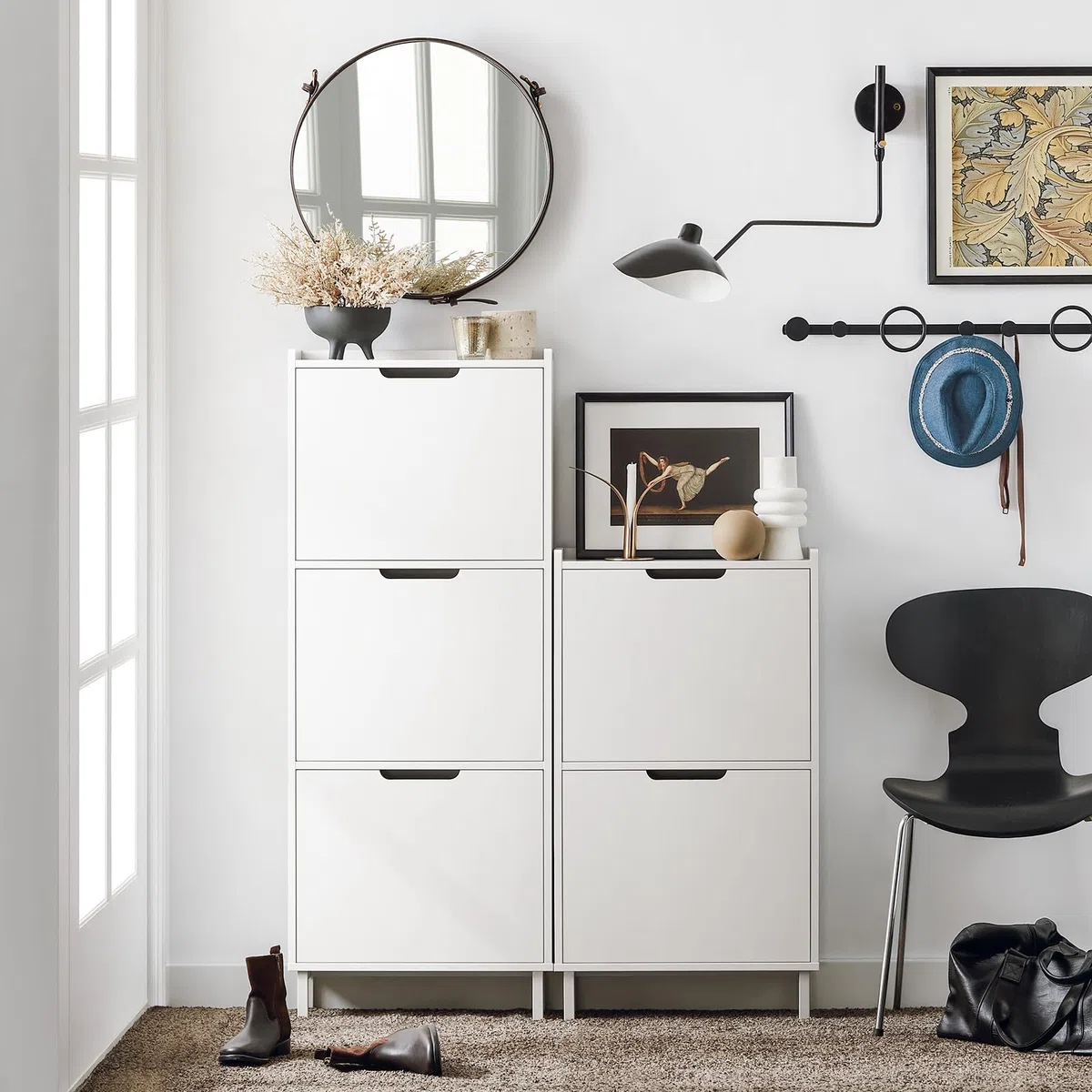 SoBuy Scarpiera Salvaspazio Slim da Ingresso Mobile Portascarpe con 2 Ante a Ribalta Regolabili in Legno Armadio Scarpiera Alta e Stretta per Corridoio, 50x19x90 cm，Bianco, FSR151-W