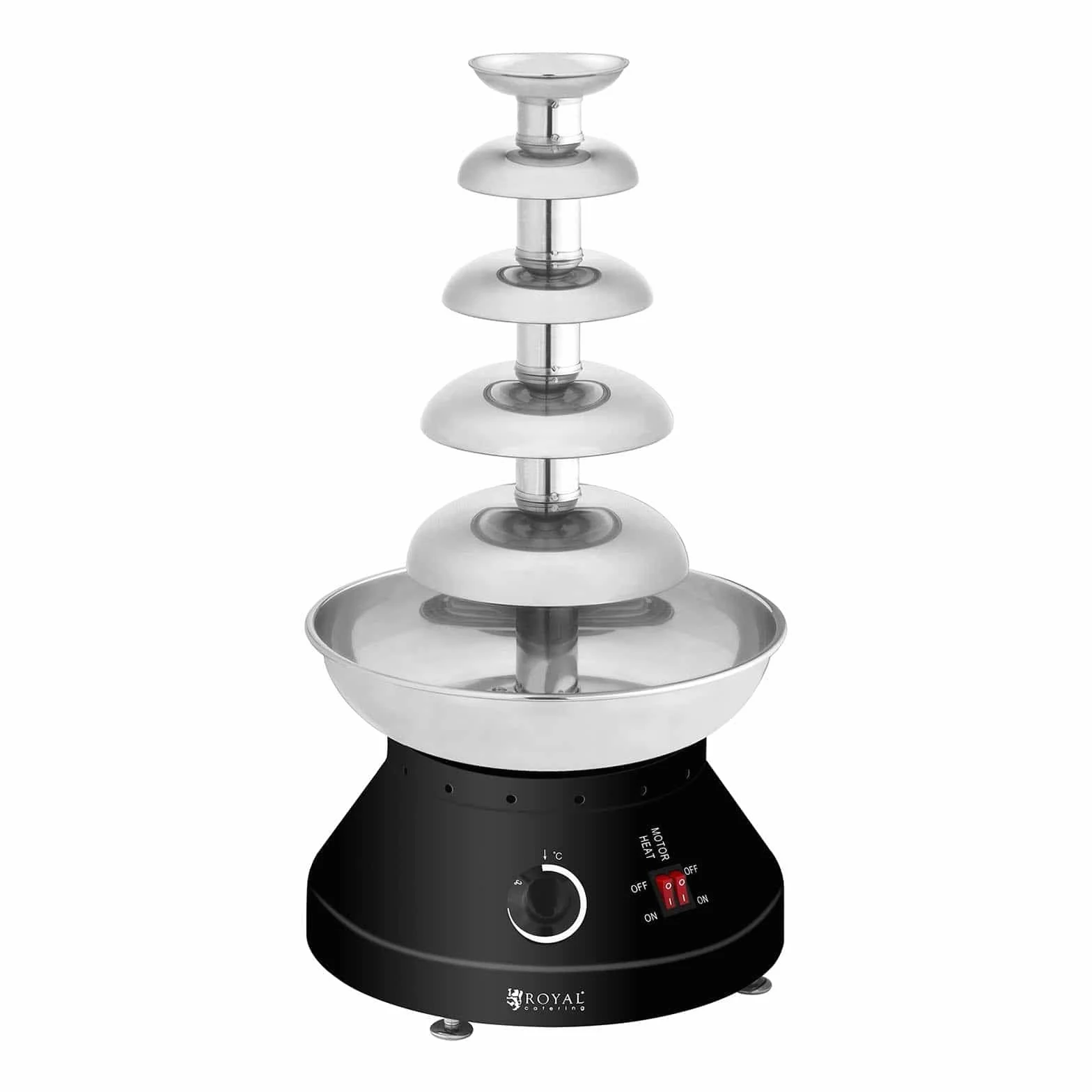 Royal Catering Fontana di Cioccolato Professionale per Fonduta RCCF-210 (250 W, 5 Piani, 30-110 °C, 4 L Capacità, 10-12 h Ciclo di lavoro)