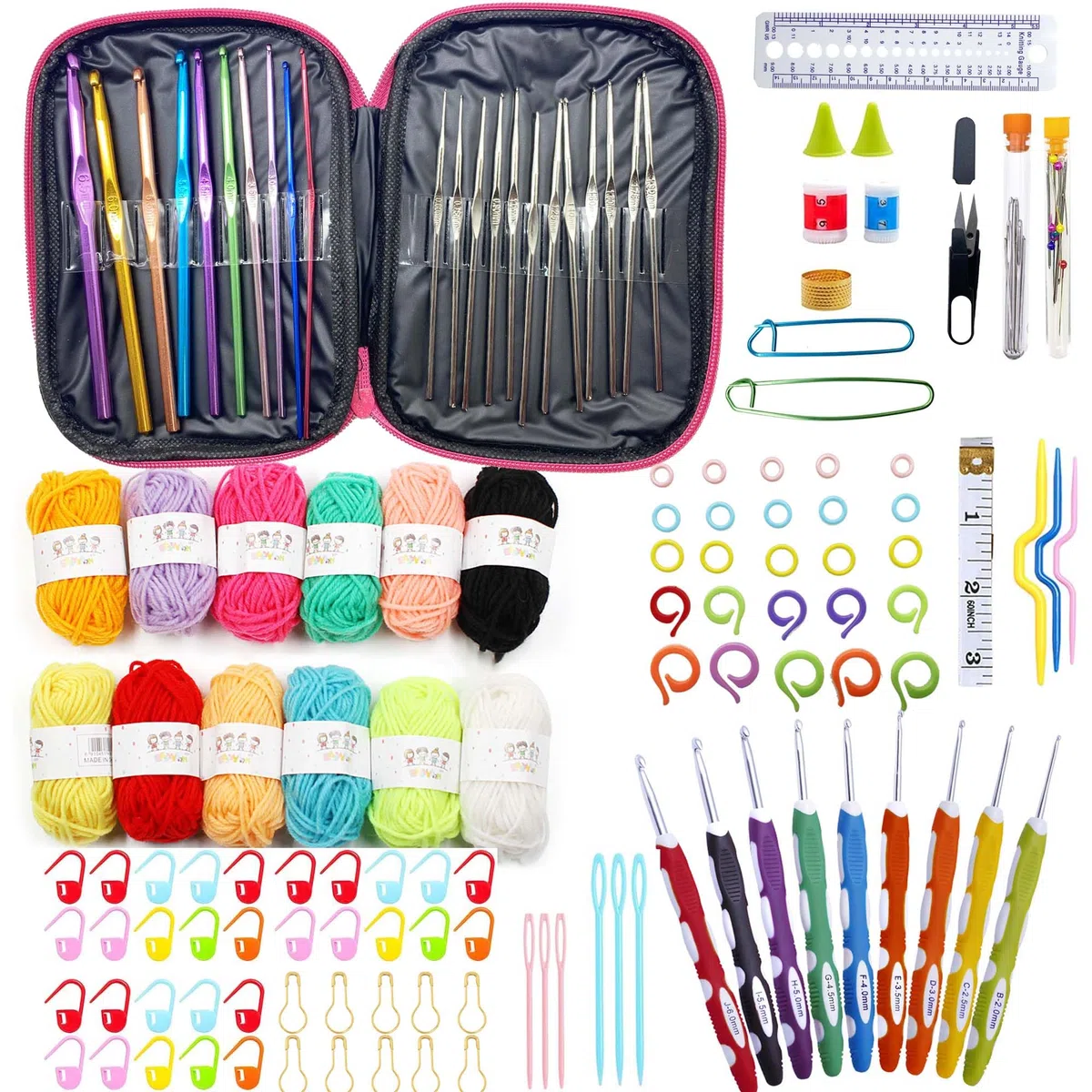 Allazone Kit all'uncinetto per principianti e adulti, kit all'uncinetto per bambini e adulti, 131 pezzi, kit professionale per lavorare a maglia all'uncinetto, kit per lavoro a maglia con aghi e