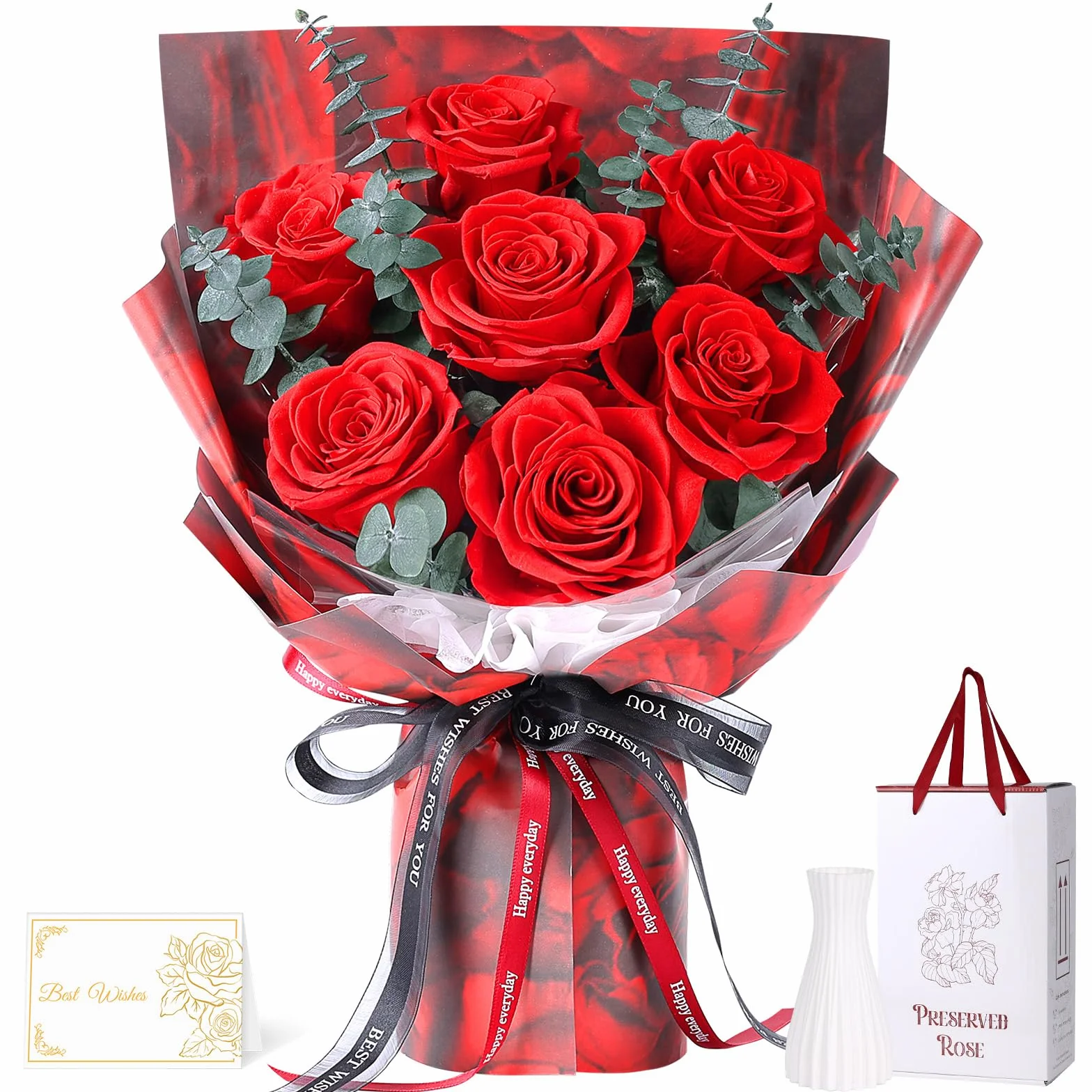 Bouquet di 7 Rose Rosse con Vaso, Rosa Stabilizzata, Fiori Eterni Conservati, Regali per Donna, Mamma, Moglie, Fidanzata, per Compleanno, Anniversario, San Valentino, Festa della Mamma