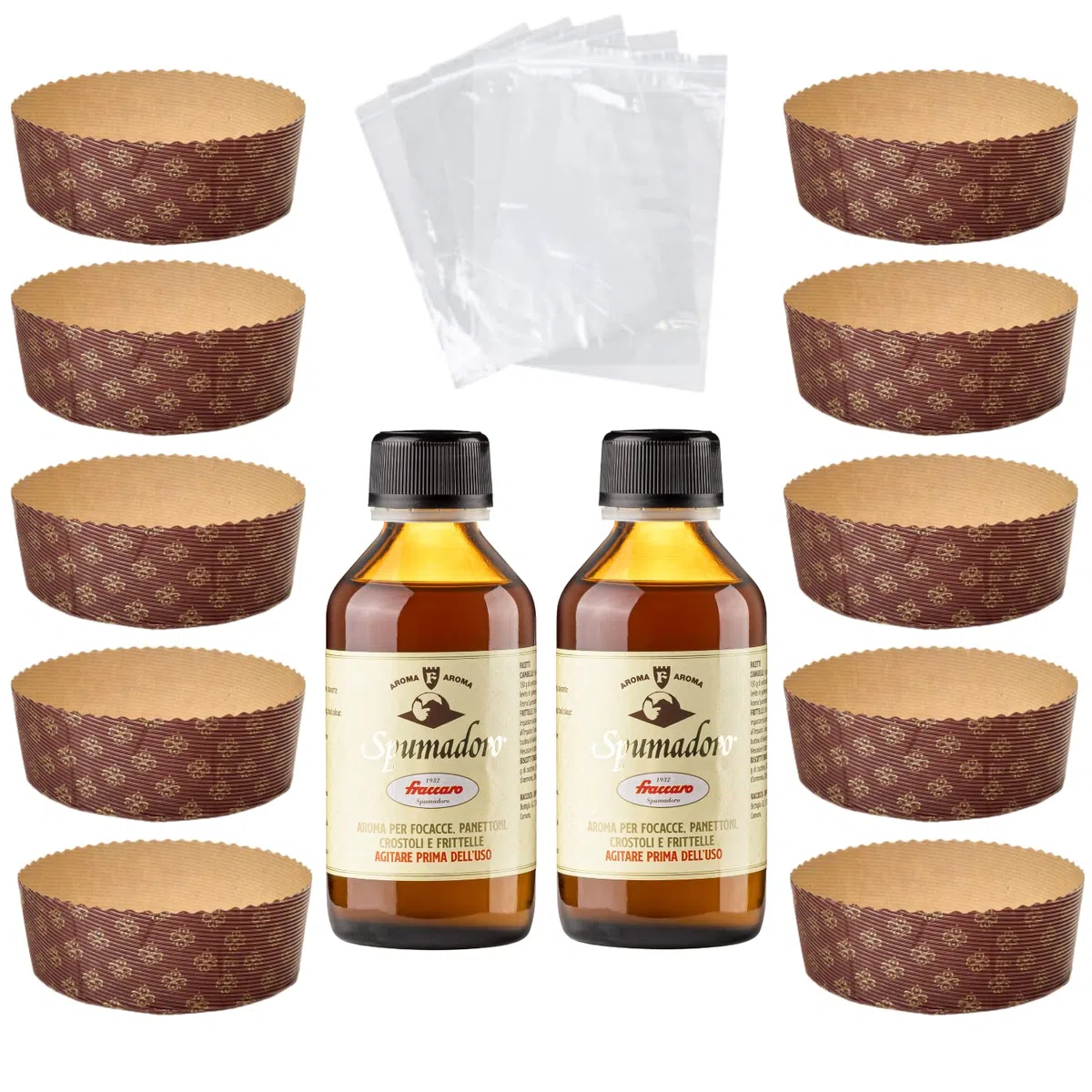 Kit Stampo per Panettone (10pz x 1Kg) + Aroma per Dolci Fraccaro (2x100 ml) + Sacchetto (10pz), Stampi di Carta di Pura Cellulosa ideale per l’uso in Forno, resistente al calore 200°C