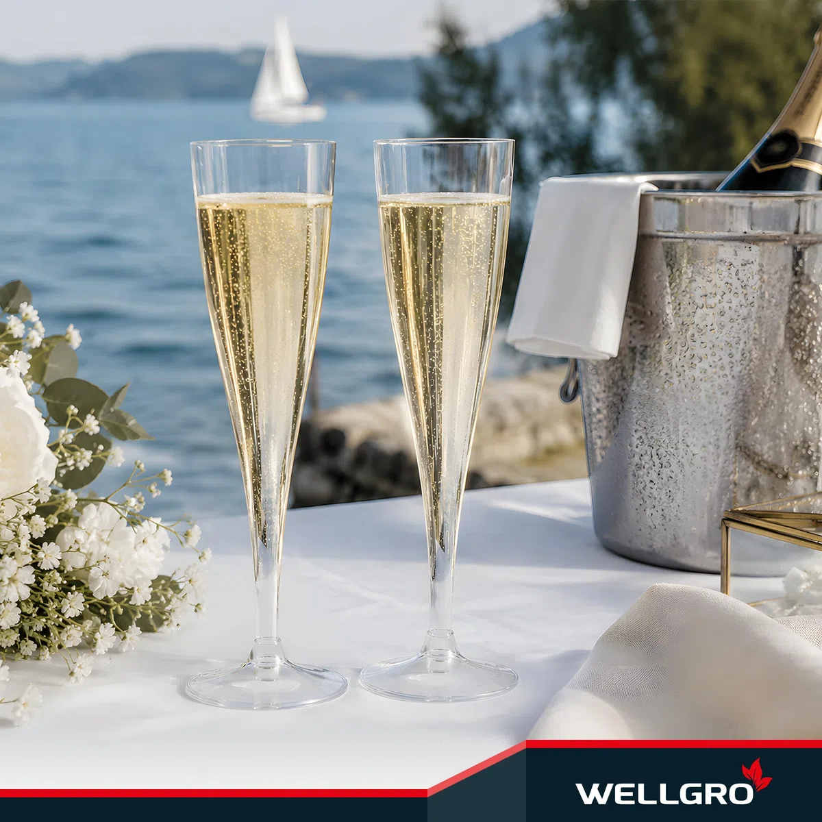 WELLGRO Set di bicchieri da spumante in plastica, 100 ml, con tacchetta, senza BPA, riutilizzabili, per champagne, prosecco, quantità: 30 pezzi