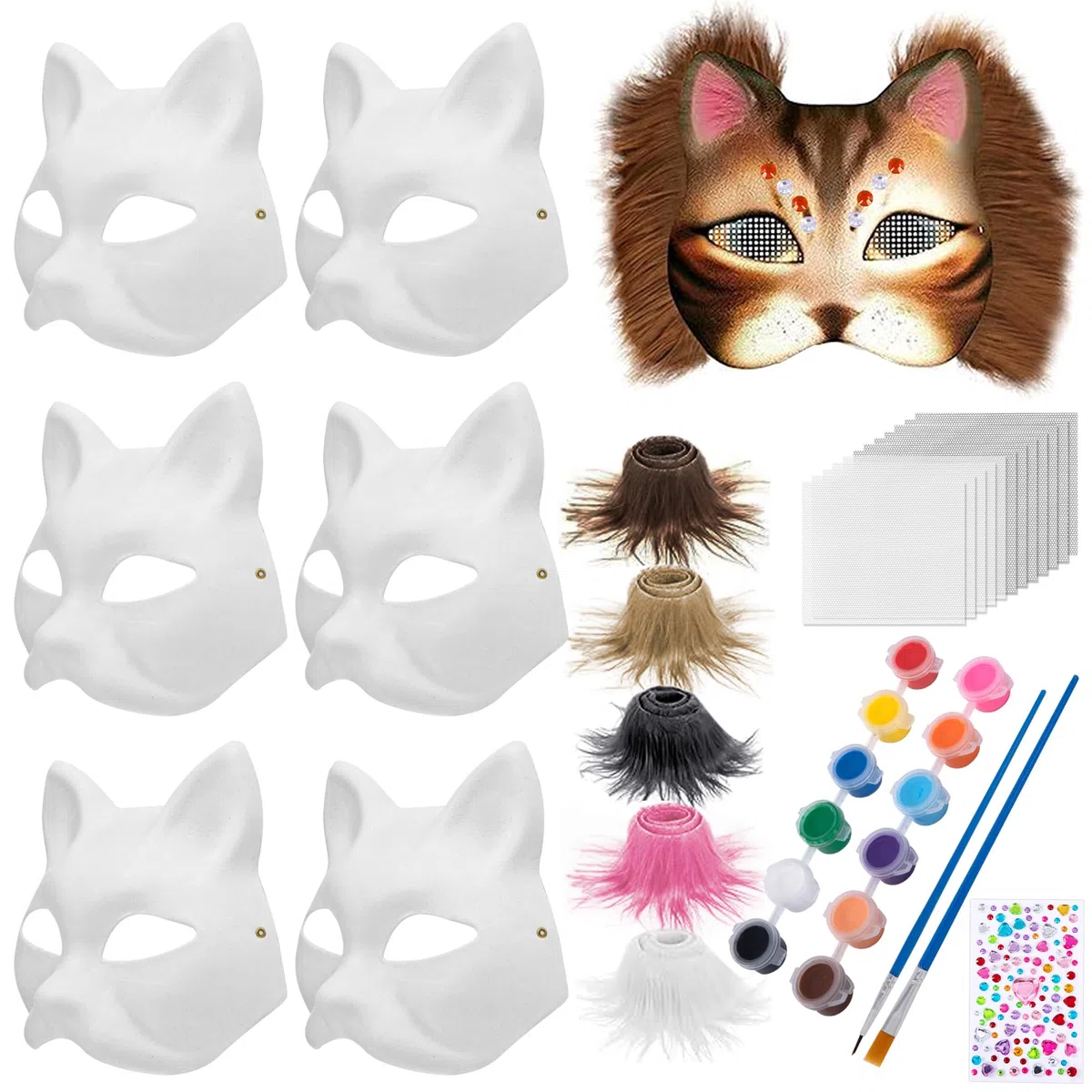 Tunejoy Maschera Gatto Bianca Vuota 6 Pezzi Therian Maschera Gatto Kit DIY Dipinta Mano Maschere con Finta Pelliccia e Foglio di Feltro per Carnevale Cosplay Natale Halloween