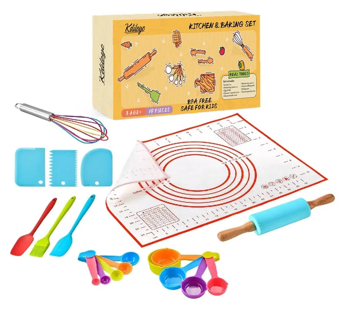 Kit per pasticceria per bambini, veri utensili da cucina per bambini, 19 pezzi, accessori Montessori, regalo per bambini 3 anni, 4 anni, 5 anni, 6 anni, 7 anni, speciale per dolci, biscotti, cupcakes