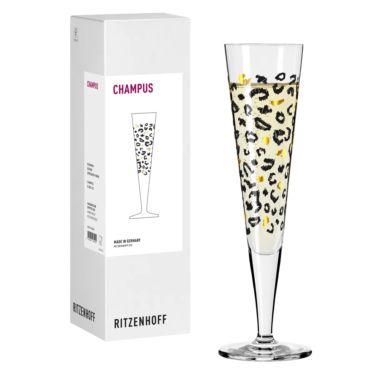 RITZENHOFF 8114002 - Bicchiere da champagne 200 ml, serie Fashion – motivo dorato con leopardo, made in Germany
