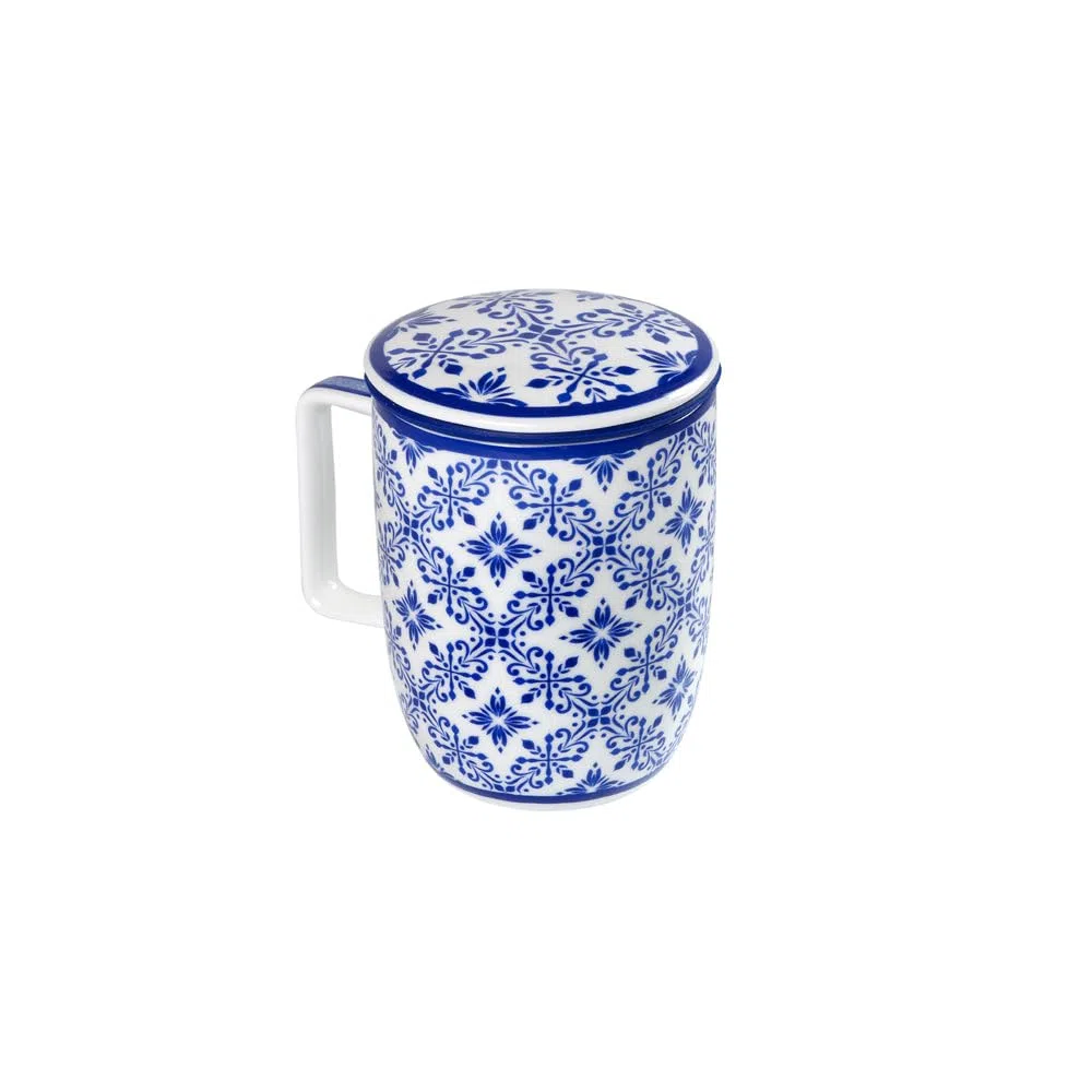 TEA SHOP - Tazza da Tè con filtro e coperchio - Tazza Harmony Azulejo Portoghese - Tazza per Tè e Infusi in Porcellana