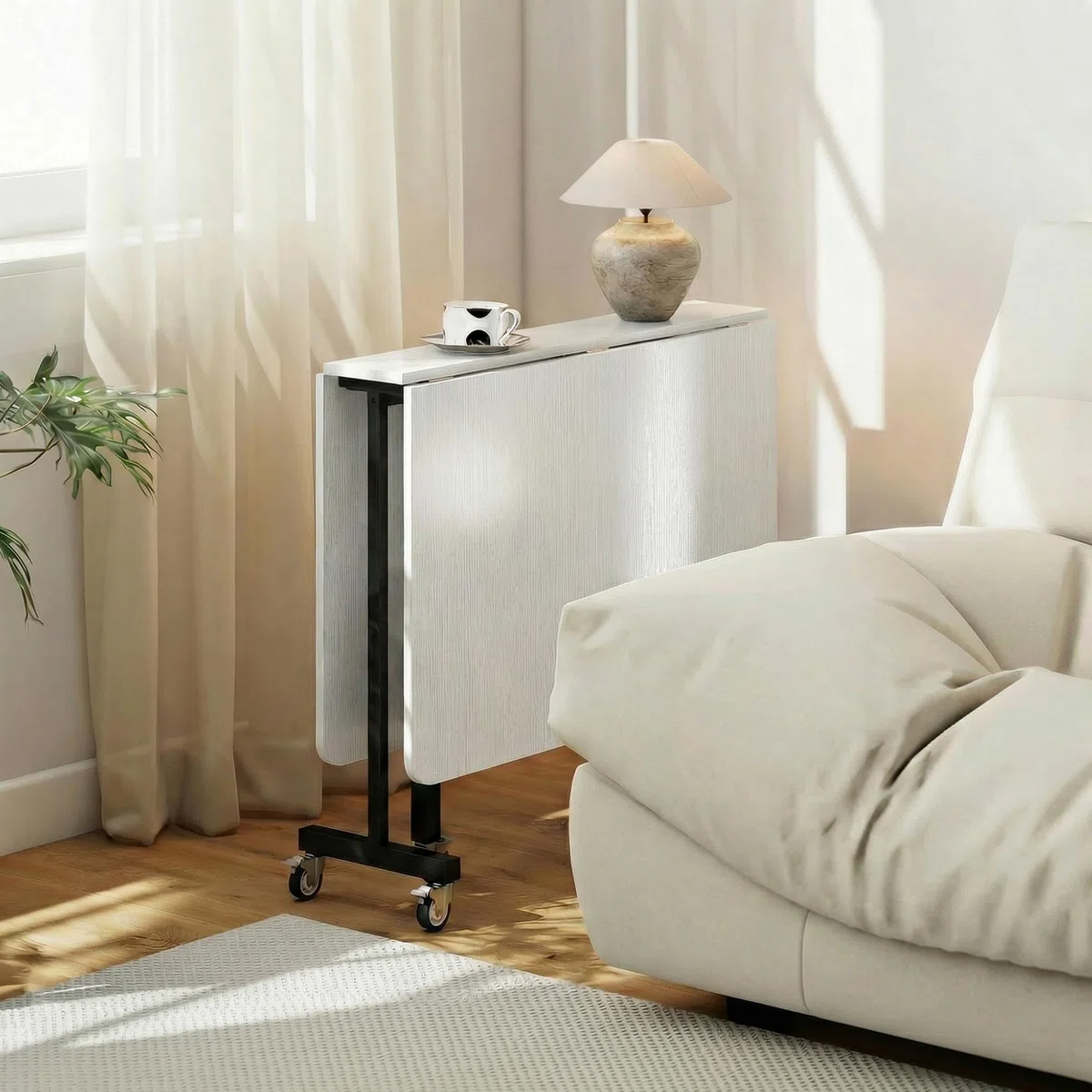 HOMCOM Tavolo da Pranzo Pieghevole, Tavolo Cucina a Ribalta con Ruote a Freno per 4-6 Persone, Scrivania Richiudibile con Struttura in Acciaio, per Soggiorno, 120x80x73 cm, Bianco Effetto Legno