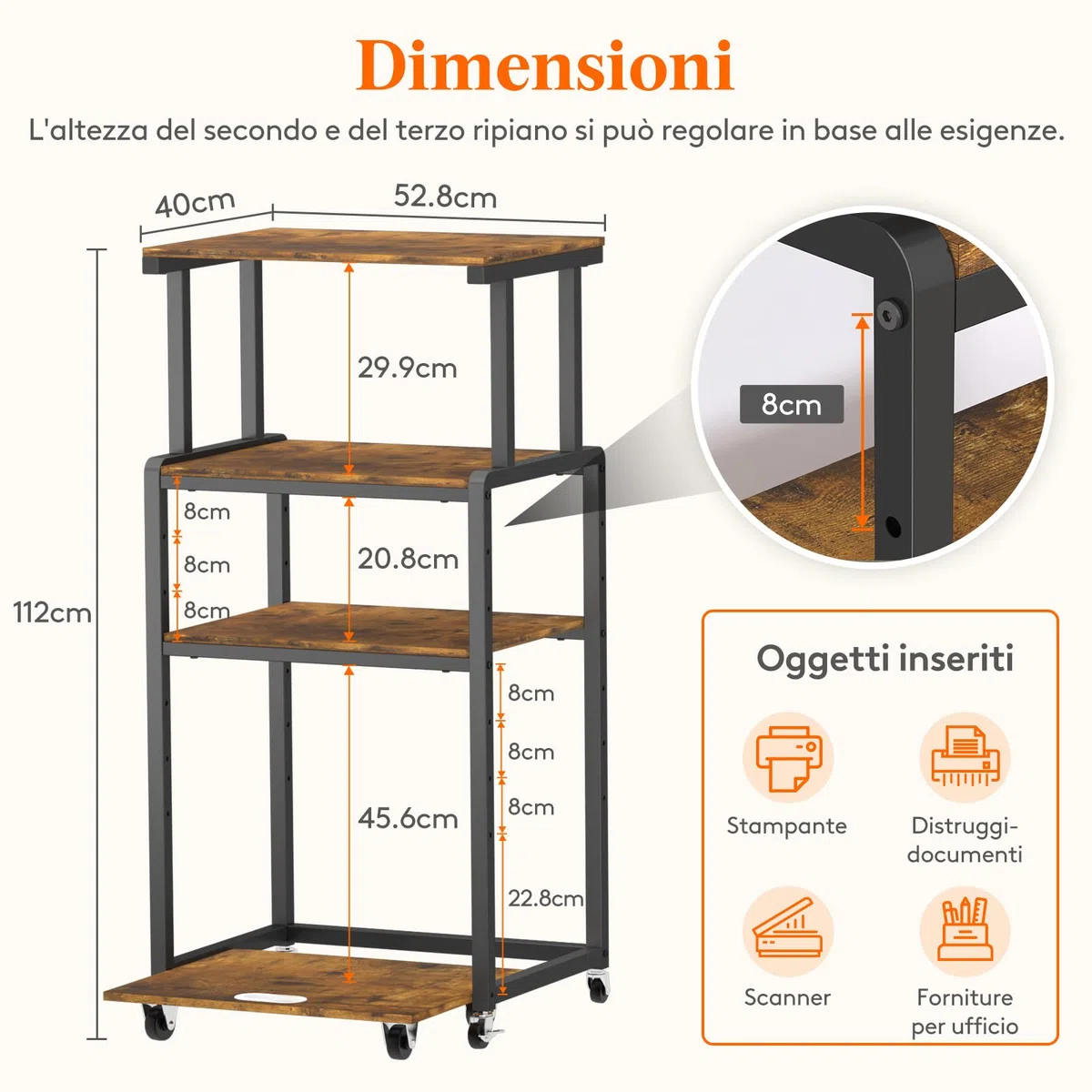Lifewit Carrello per Stampante 4 Livelli con Ruote e Ripiano Regolabile, Supporto per Stampante per Ufficio Domestico, Carrello per Distruggi Documenti, Scanner, Marrone Rustico, 53x40x112cm