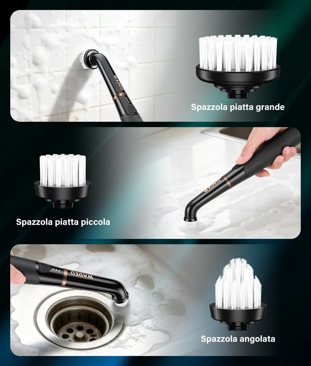 WADEO Piccola Spazzola Ricaricabile per Crepe e Piastrelle, [2600mAh] [11 Testine] 3 Velocità, IPX7 Impermeabile, Spazzola Elettrica per Bagno, Cucina, Lavandino, Vasca, Pavimento