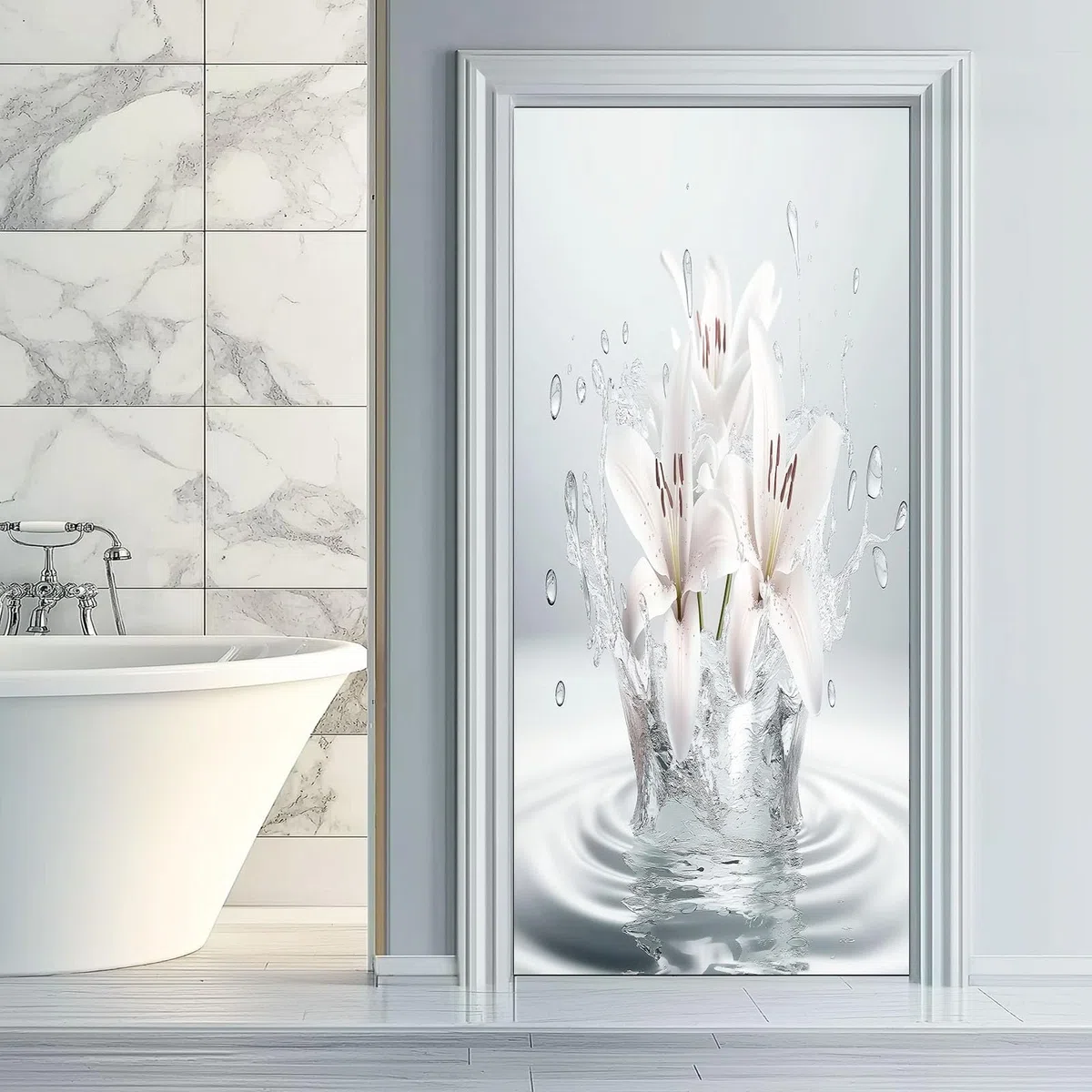 Adesivo Per Porte 3D Per Porte Interne, 80 x 210 cm 3D Piante Giglio Gocce D'Acqua Fotomurali Autoadesivi Impermeabile Porta In PVC, Carta Da Parati Soggiorno Cucina Camerette, Bianco Grigio
