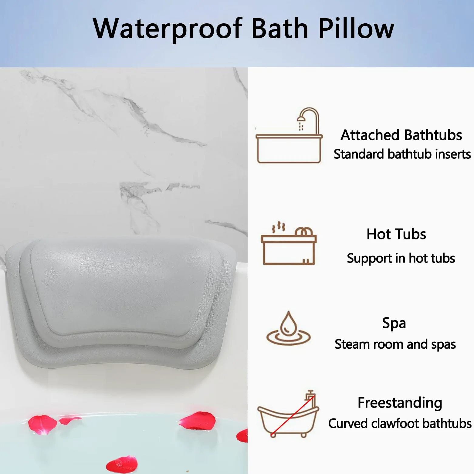 Lonkenn Cuscino da Bagno, Cuscino per Vasca da Bagno, Impermeabile Cuscino di Vasca da Bagno con Ventose, per Collo Testa Vasca da Bagno, Poggiatesta Ergonomico per Tutti i Tipi di Vasca-Grigio