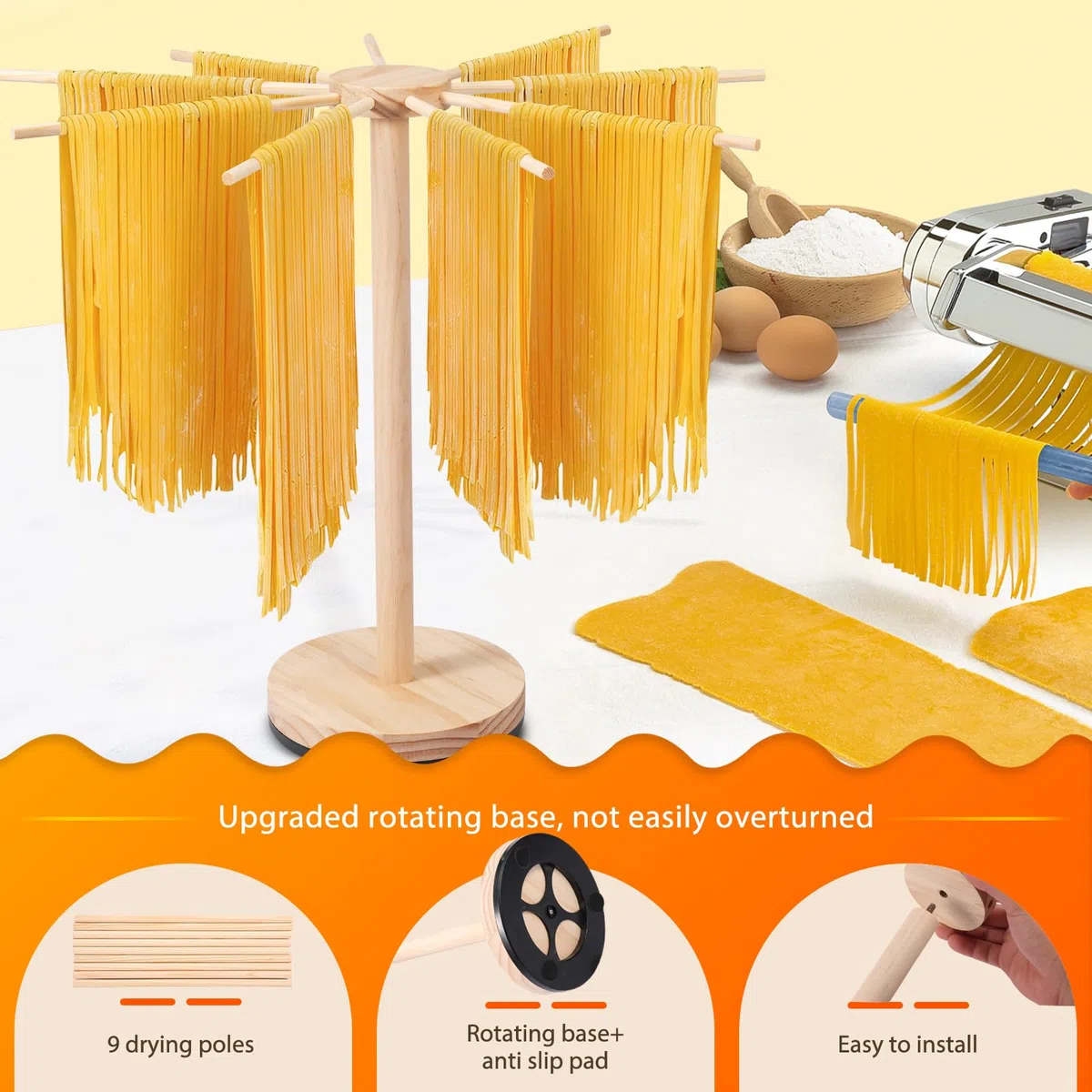 Asciugatrice per Pasta con Base Girevole Essiccatore Pasta Fresca con 9 Manici Rimovibili Stendipasta per Pasta Fresca per Asciugare Fino A 4,5 kg Riutilizzabile per Pasta
