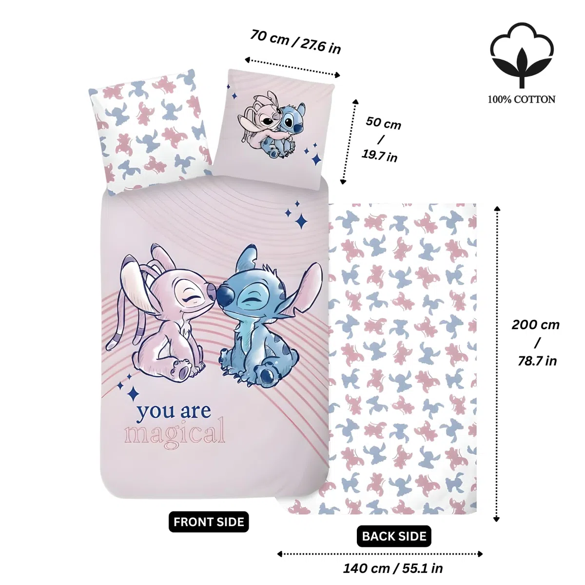 Disney Stitch & Angel Set di biancheria da letto reversibile | Letto singolo 140x200 cm con copripiumino & federa 50x70 cm, 100% cotone | Morbido e traspirante set di biancheria da letto per bambini