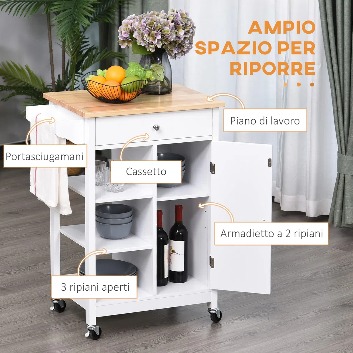 HOMCOM Carrello da Cucina Salvaspazio in MDF con Piano di Lavoro in Legno di Gomma, Cassetto, Armadietto, 3 Mensole, Ripiani Regolabili, Porta Strofinacci e Ruote Girevole, 66x39.5x86.5cm, Bianco