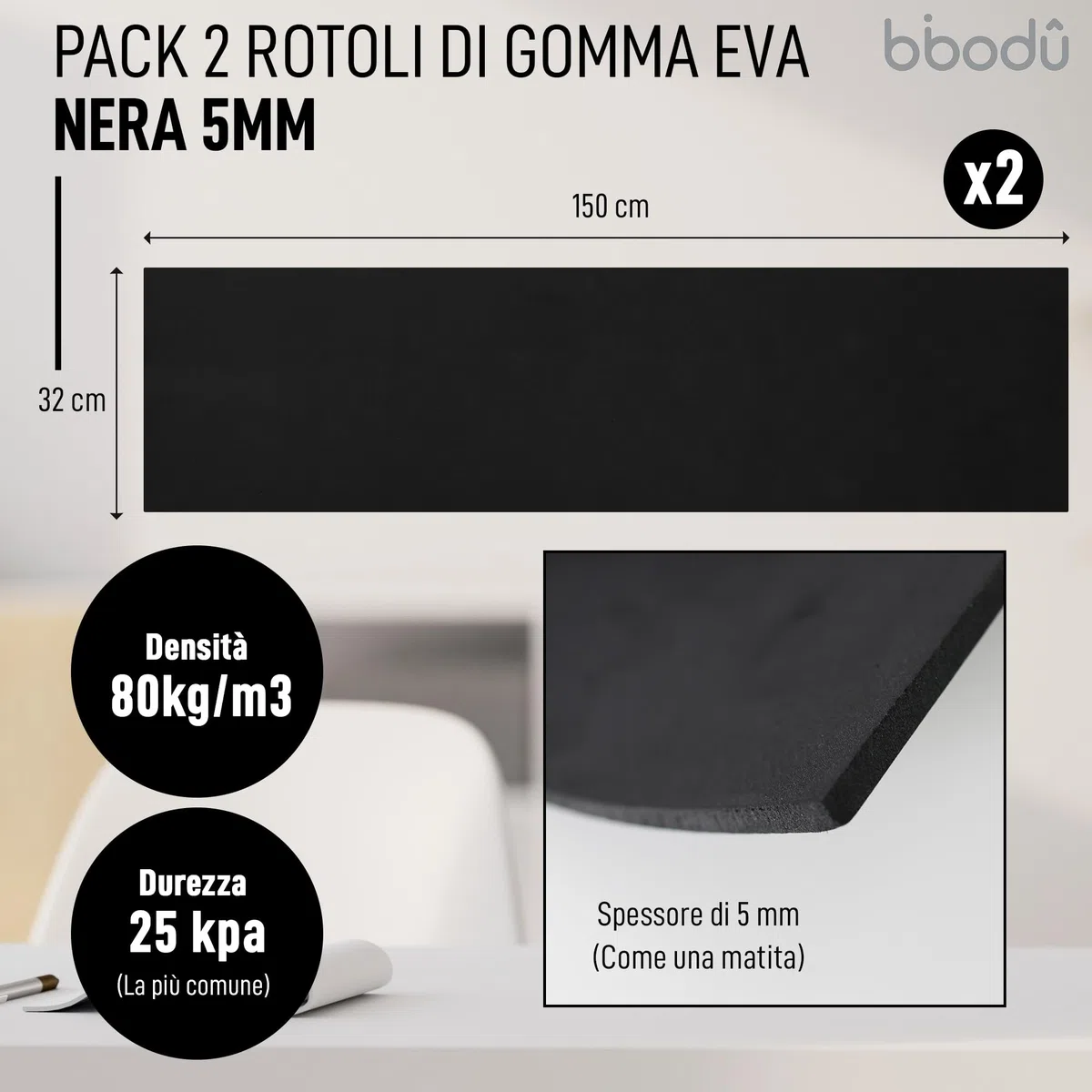 Pacco 2 Rotoli di Gomma Eva Nera 5mm di Spessore | Dimensioni fogli 150cm x 32cm, Densità 80 kg/m3 | EVA foam Nero per Creazioni DIY, Foam Cosplay, Halloween | Adatto Bambini e Bambine