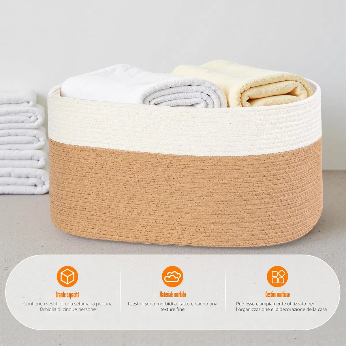 Cesta Portabiancheria, 65L Cesto Portaoggetti con Manici, Secchi per La Biancheria Cesta Giochi Bambini Grande per Cuscini per Giocattoli, Soggiorno, Camera da Letto (55 X 38cm,Juta e bianco)