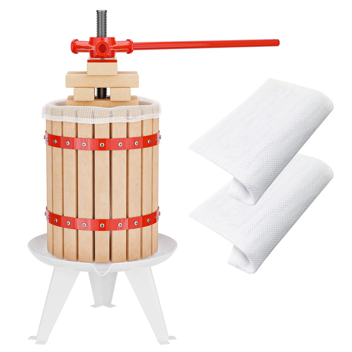 Wiltec Torchio Frutta da 6 l con Gabbia in Legno e 3 Sacchi di spremitura, Torchio a Leva